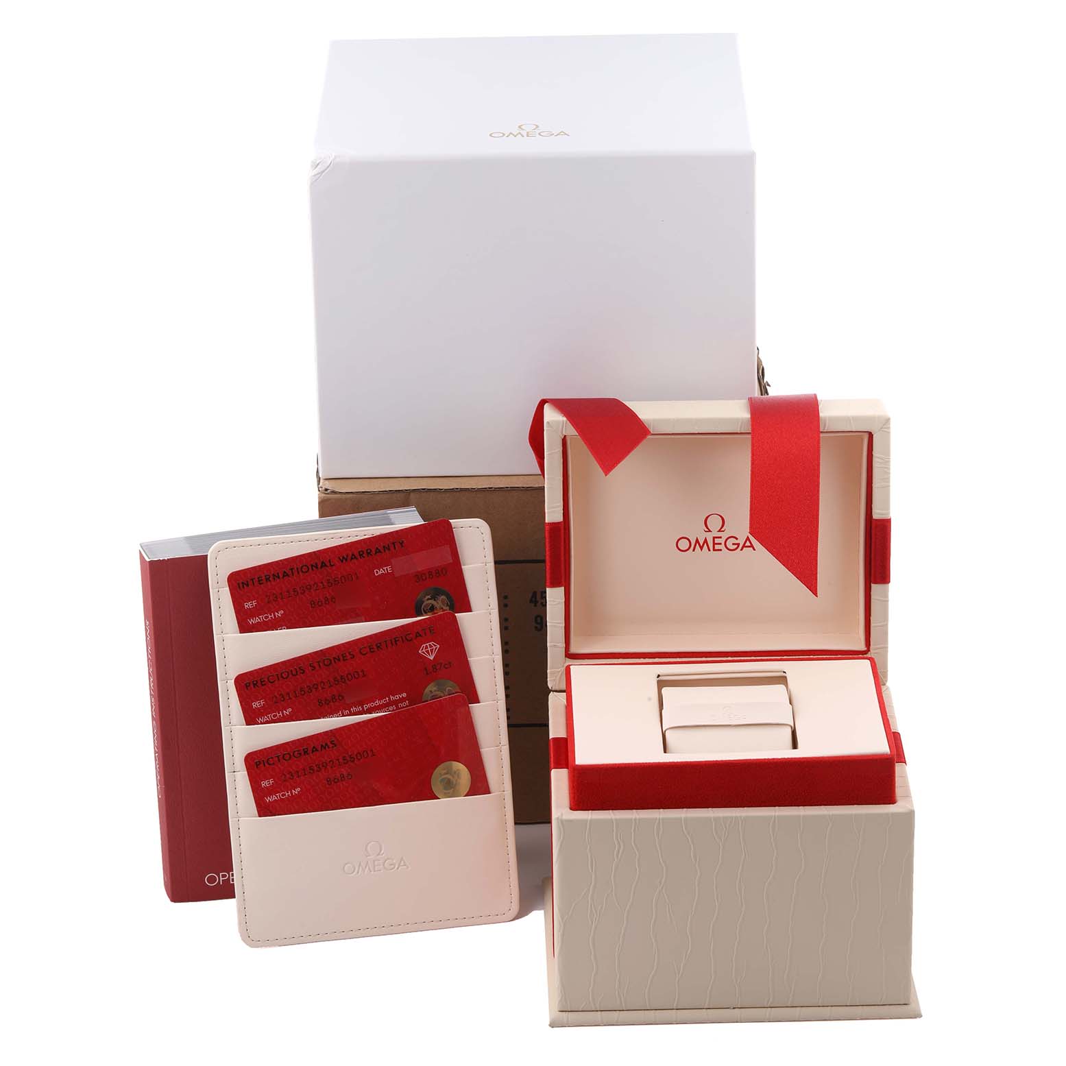 The image shows the Omega Aqua Terra 231.15.39.21.55.001 Men's Stainless Steel Mother of Pearl Dial 231.15.39.21.55.001 Men's Stainless Steel Mother of Pearl Dial watch box, with warranty cards and manuals displayed alongside.