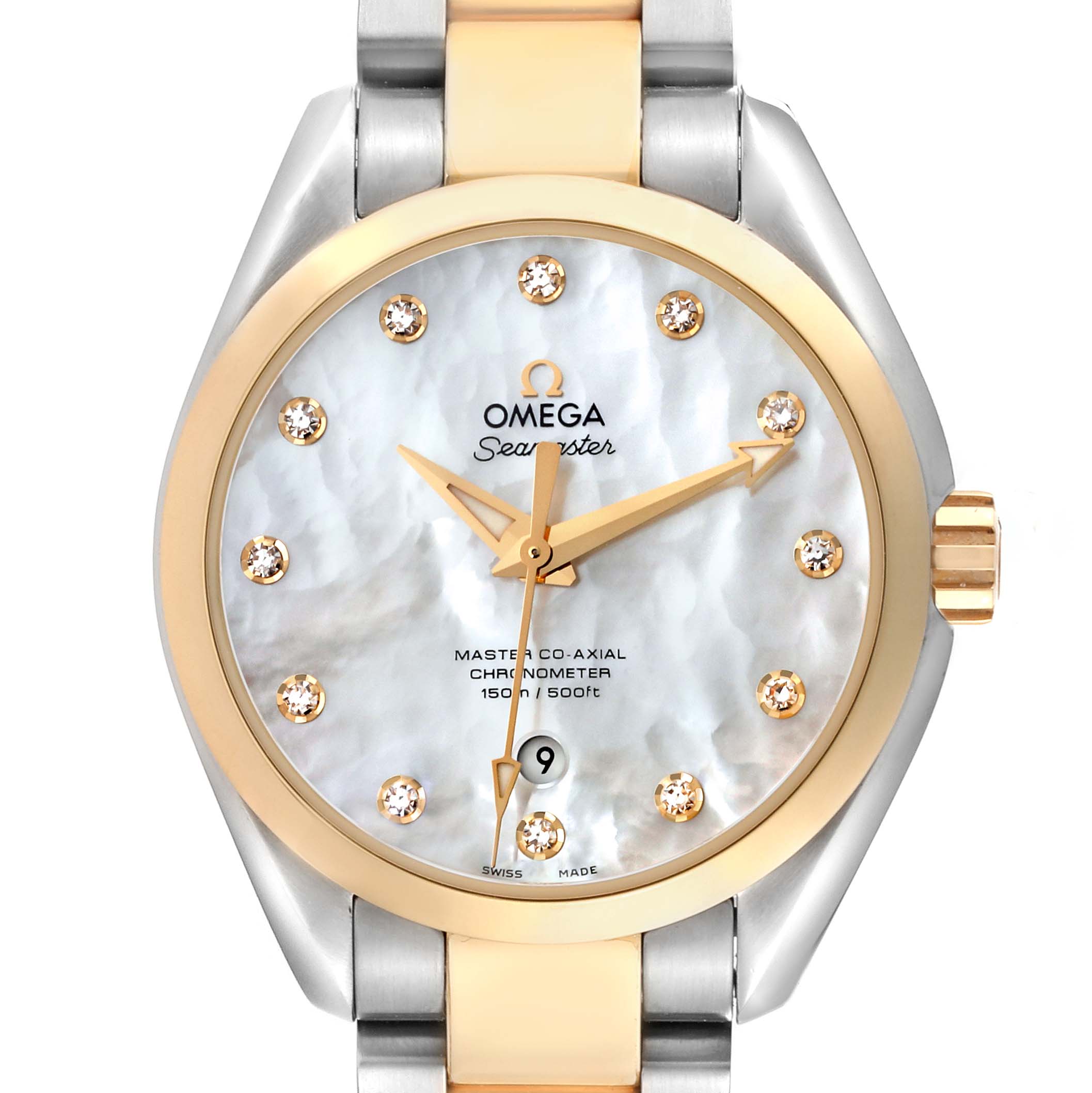 The Omega 231.20.34.20.55.002 Women's Steel and Gold (two tone) Mother of Pearl Dial 231.20.34.20.55.002 Women's Steel and Gold (two tone) Mother of Pearl Dial Aqua Terra Rose Gold Mother of Pearl Diamond Ladies Watch is shown front-facing, highlighting its dial and bezel.