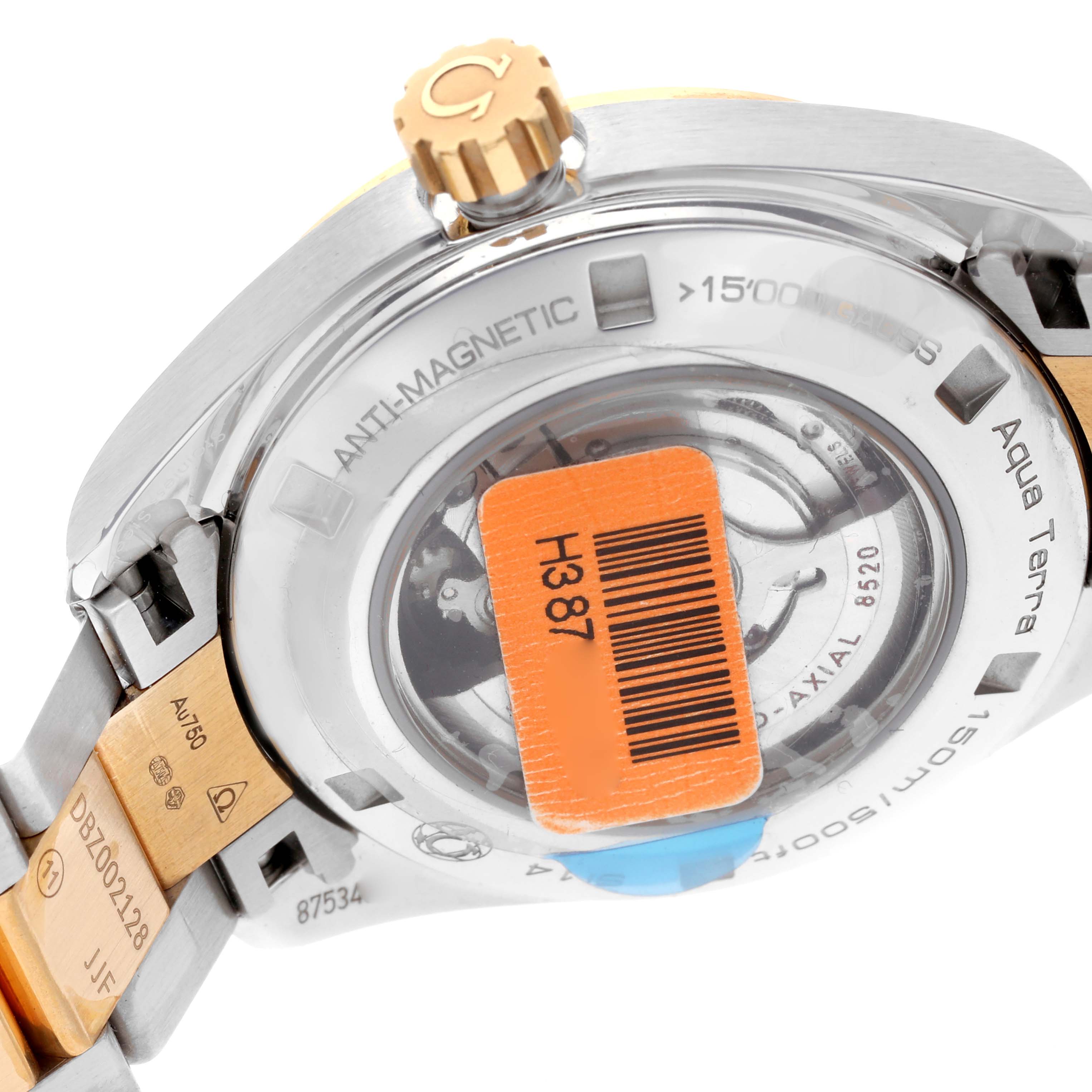 The image shows the back and side views of the Omega 231.20.34.20.55.002 Women's Steel and Gold (two tone) Mother of Pearl Dial 231.20.34.20.55.002 Women's Steel and Gold (two tone) Mother of Pearl Dial Aqua Terra Rose Gold watch, highlighting the caseback and part of the bracelet.