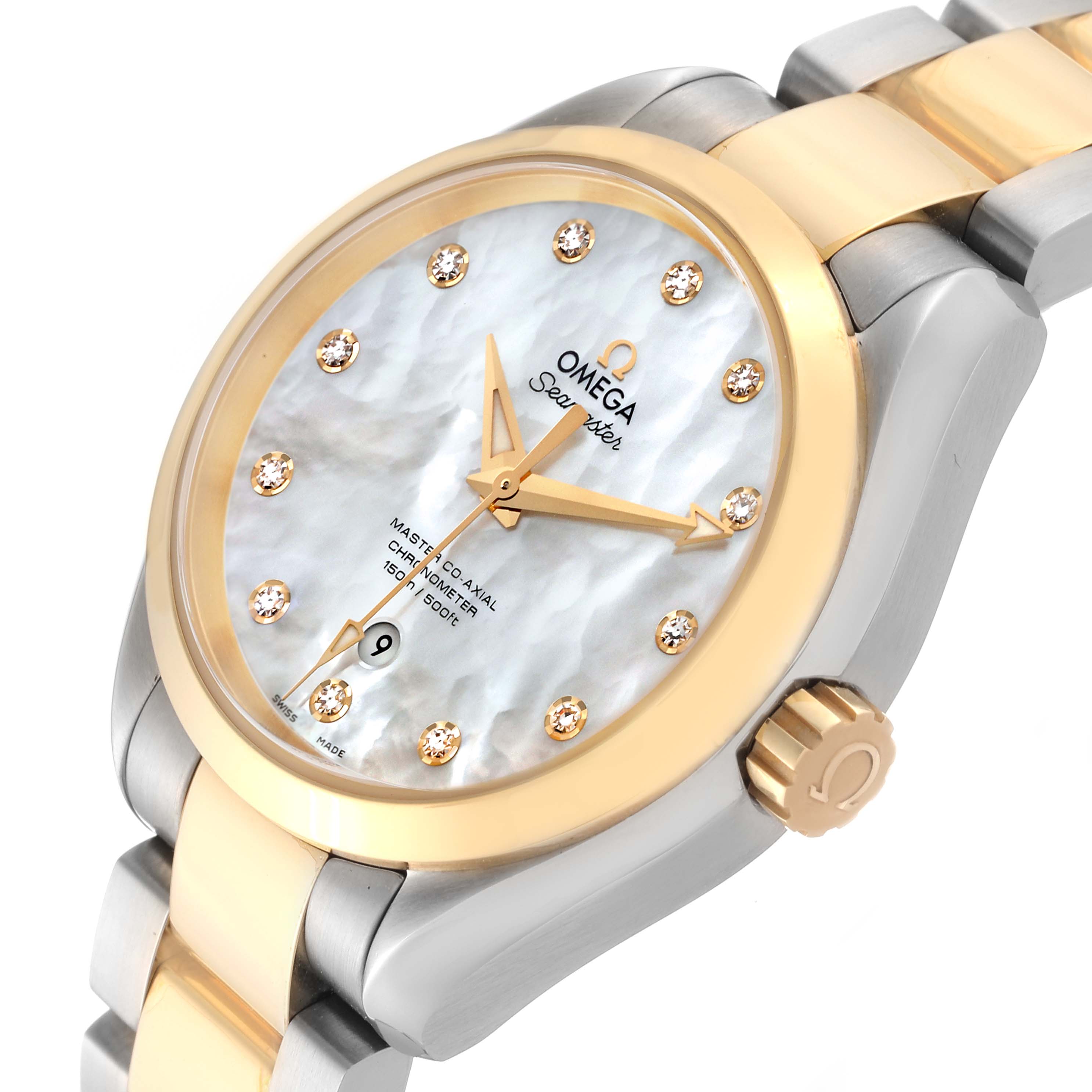 The Omega 231.20.34.20.55.002 Women's Steel and Gold (two tone) Mother of Pearl Dial 231.20.34.20.55.002 Women's Steel and Gold (two tone) Mother of Pearl Dial Aqua Terra watch is shown at an angled perspective, highlighting the face, rose gold bezel, crown, and bracelet.