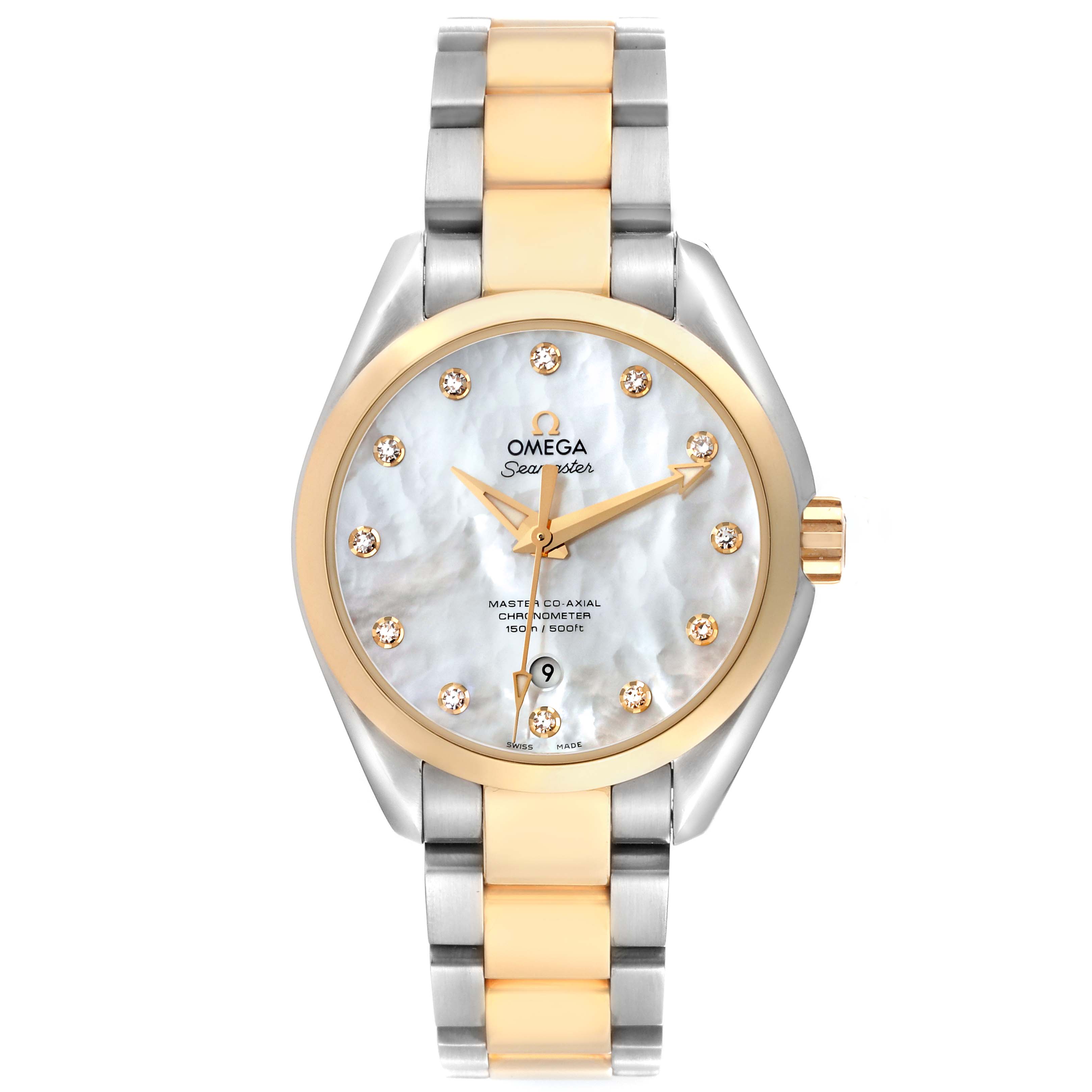 The Omega 231.20.34.20.55.002 Women's Steel and Gold (two tone) Mother of Pearl Dial 231.20.34.20.55.002 Women's Steel and Gold (two tone) Mother of Pearl Dial Aqua Terra 231.20.34.20.55.002 watch is shown from the front, displaying a rose gold bezel and mother of pearl dial.