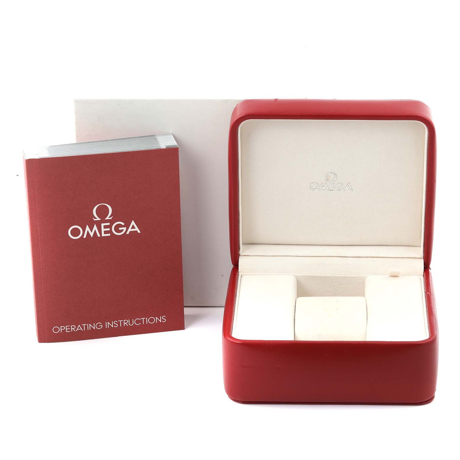 The image shows an Omega 231.20.34.20.55.002 Women's Steel and Gold (two tone) Mother of Pearl Dial 231.20.34.20.55.002 Women's Steel and Gold (two tone) Mother of Pearl Dial watch box, an operating instructions booklet, and outer packaging.