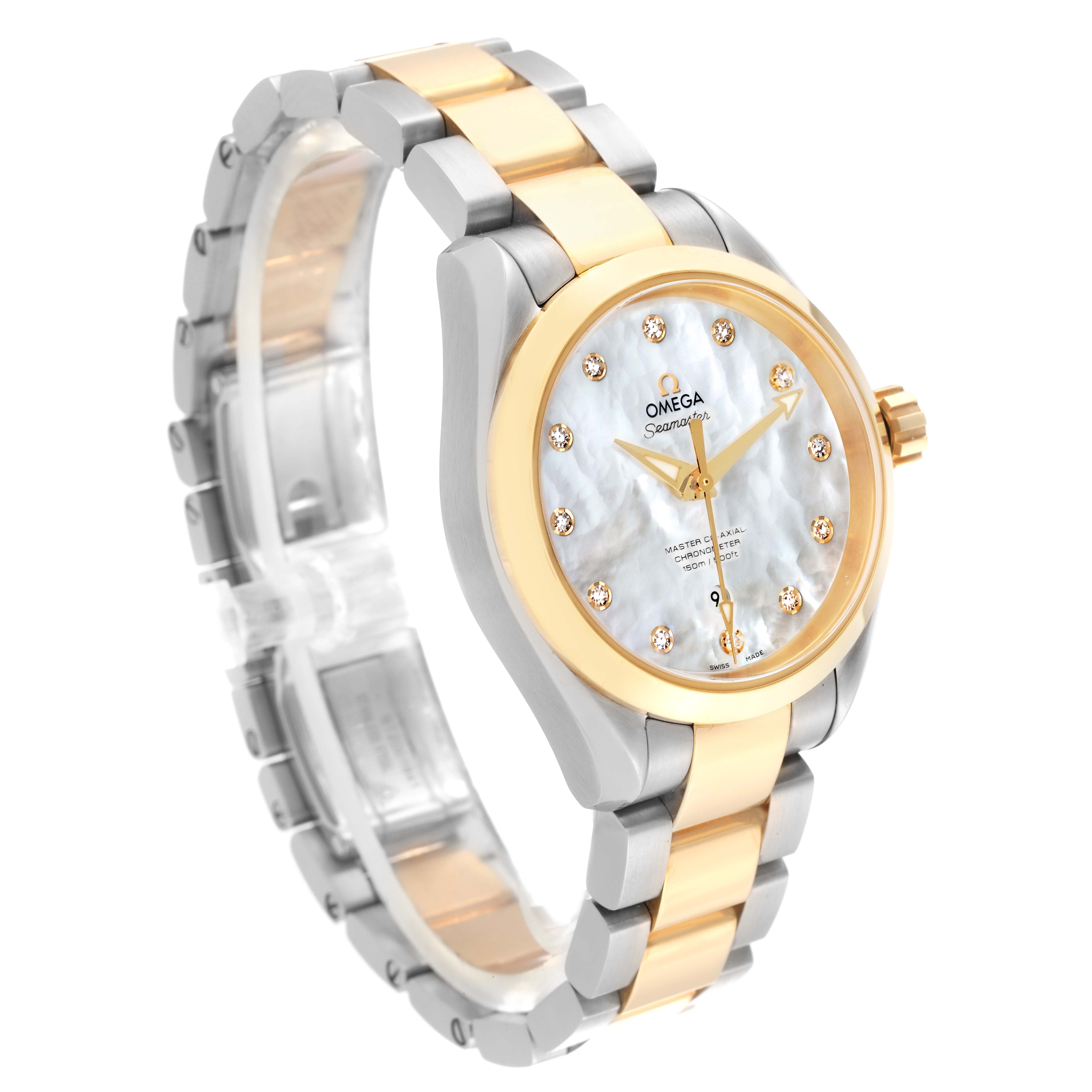 The Omega 231.20.34.20.55.002 Women's Steel and Gold (two tone) Mother of Pearl Dial 231.20.34.20.55.002 Women's Steel and Gold (two tone) Mother of Pearl Dial Aqua Terra watch is shown at a three-quarter angle, highlighting the rose gold bezel, mother of pearl dial, and diamond markers.