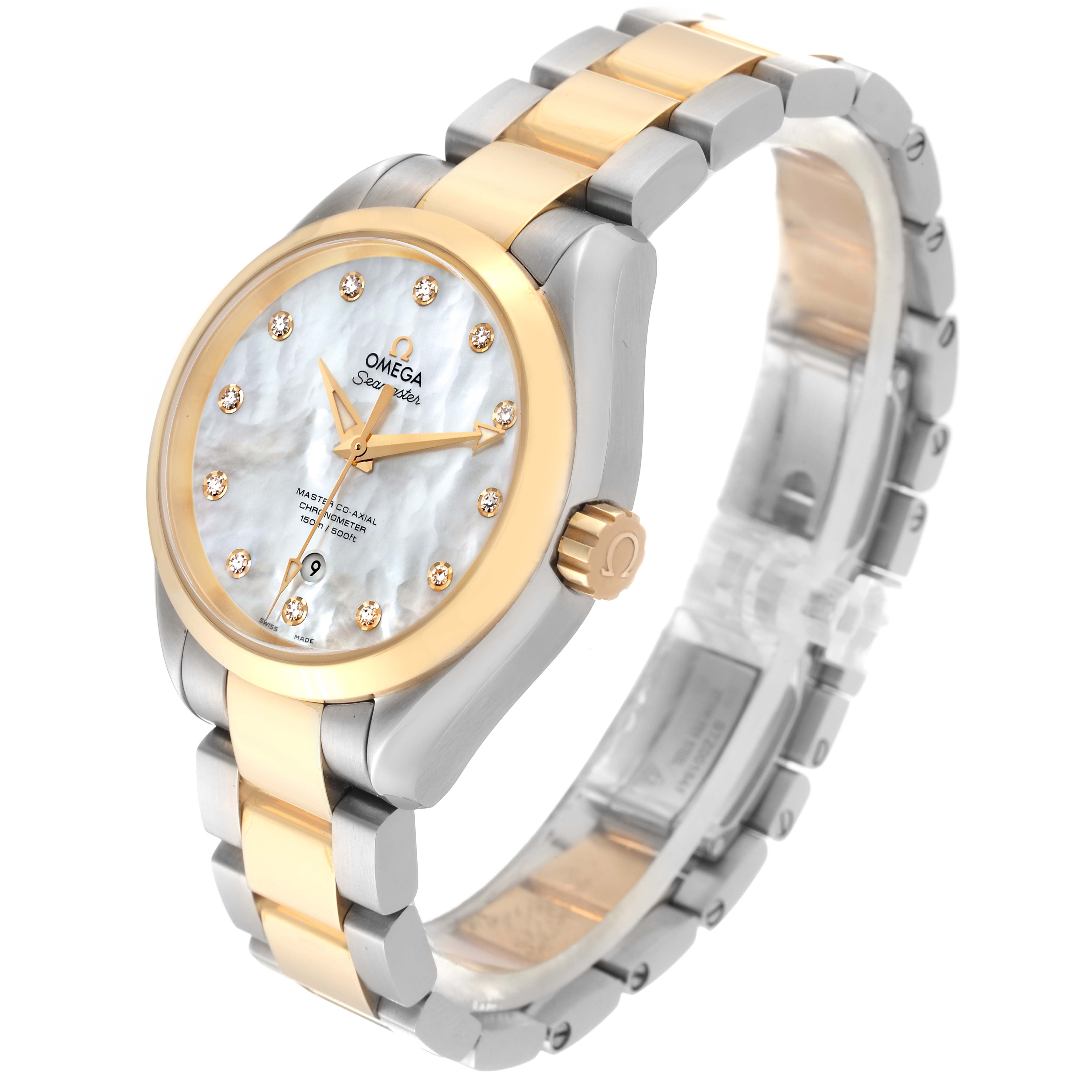 The Omega 231.20.34.20.55.002 Women's Steel and Gold (two tone) Mother of Pearl Dial 231.20.34.20.55.002 Women's Steel and Gold (two tone) Mother of Pearl Dial Aqua Terra watch is shown at a three-quarter angle, displaying its rose gold bezel, Mother of Pearl dial, and diamond markers.