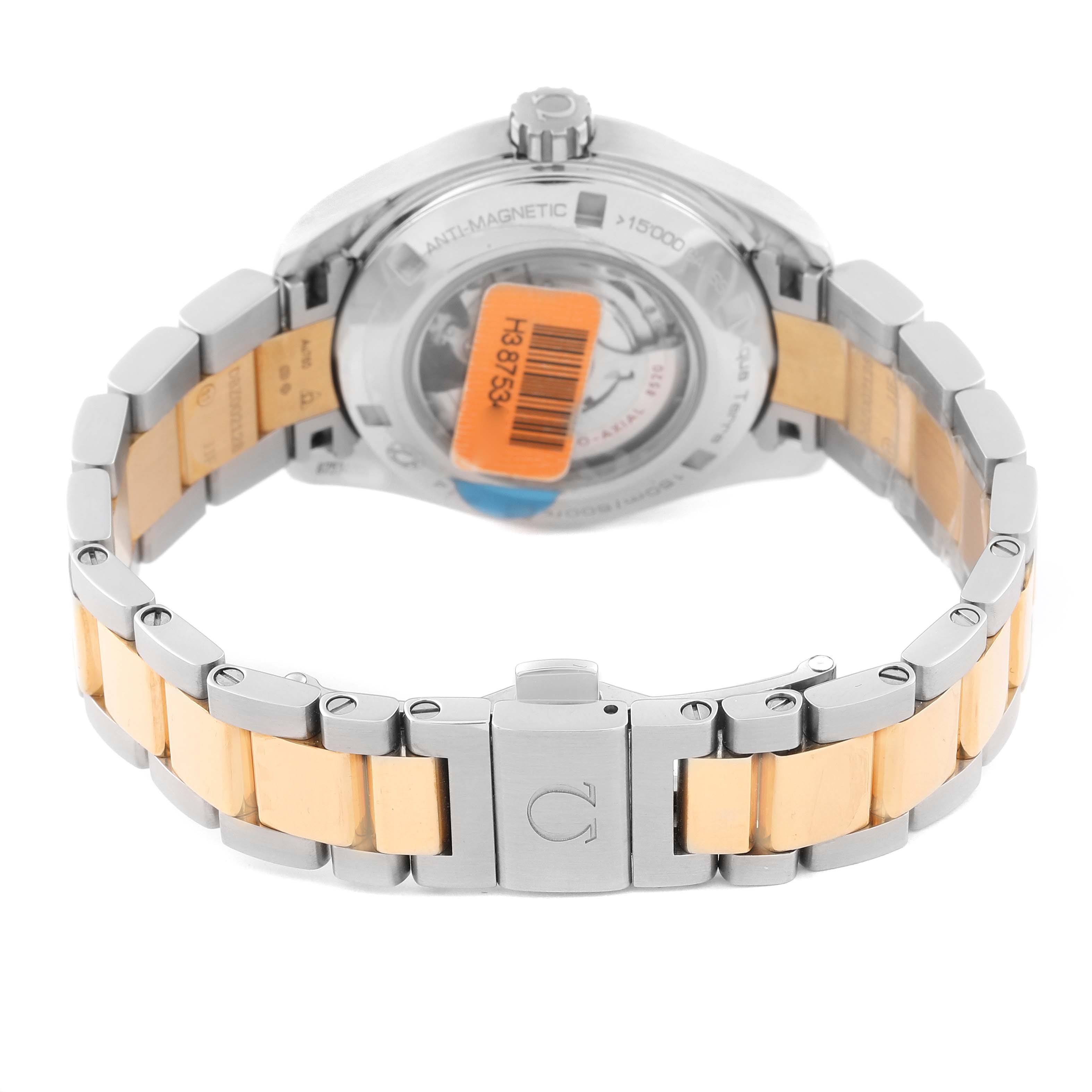 The image shows the back view of the Omega 231.20.34.20.55.002 Women's Steel and Gold (two tone) Mother of Pearl Dial 231.20.34.20.55.002 Women's Steel and Gold (two tone) Mother of Pearl Dial Aqua Terra Rose Gold Mother of Pearl Diamond Ladies Watch, highlighting the clasp and bracelet.