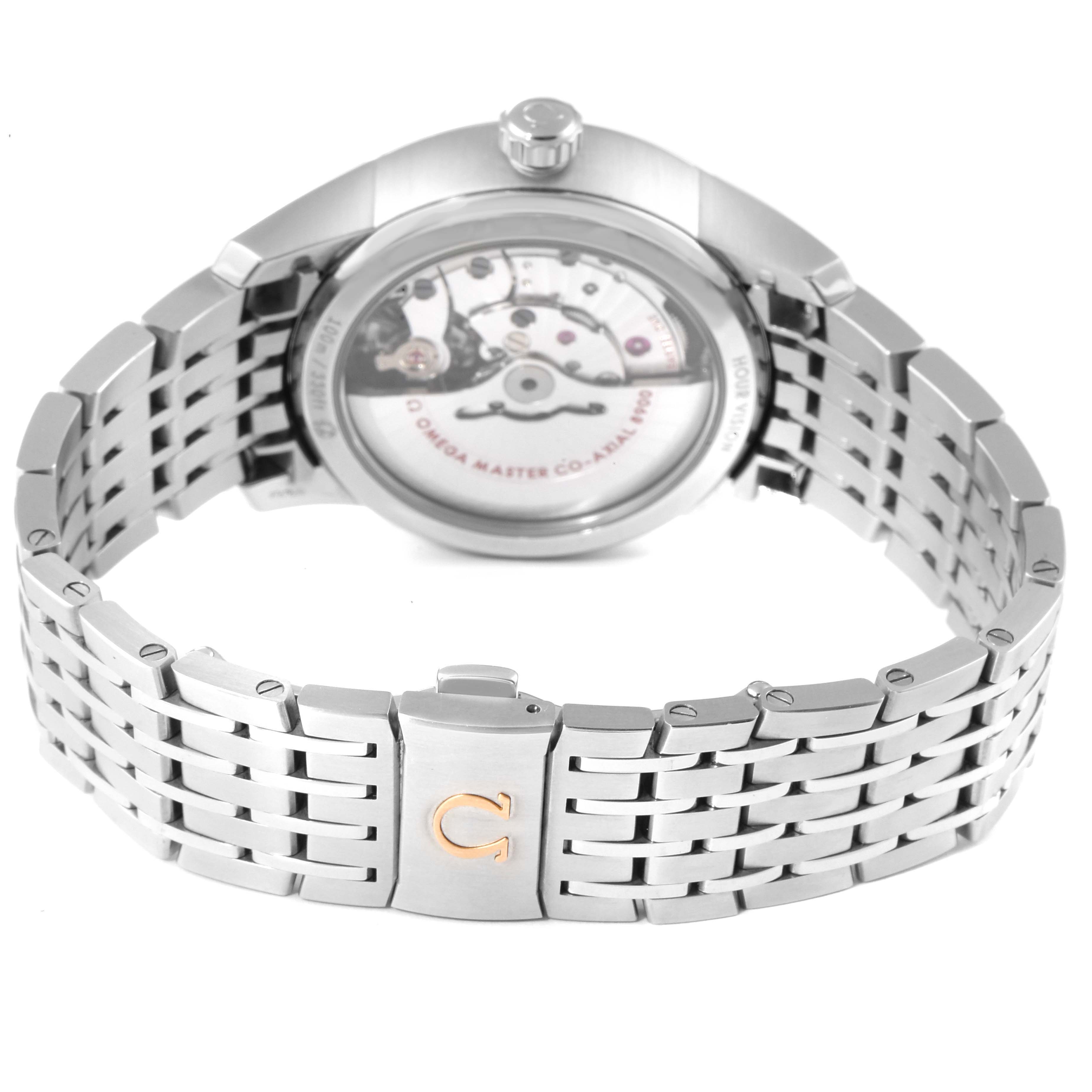 The image shows the back view of the Omega De Ville 433.10.41.21.02.001 Men's Stainless Steel Silver Dial 433.10.41.21.02.001 Men's Stainless Steel Silver Dial watch, highlighting its open case back and stainless steel bracelet.