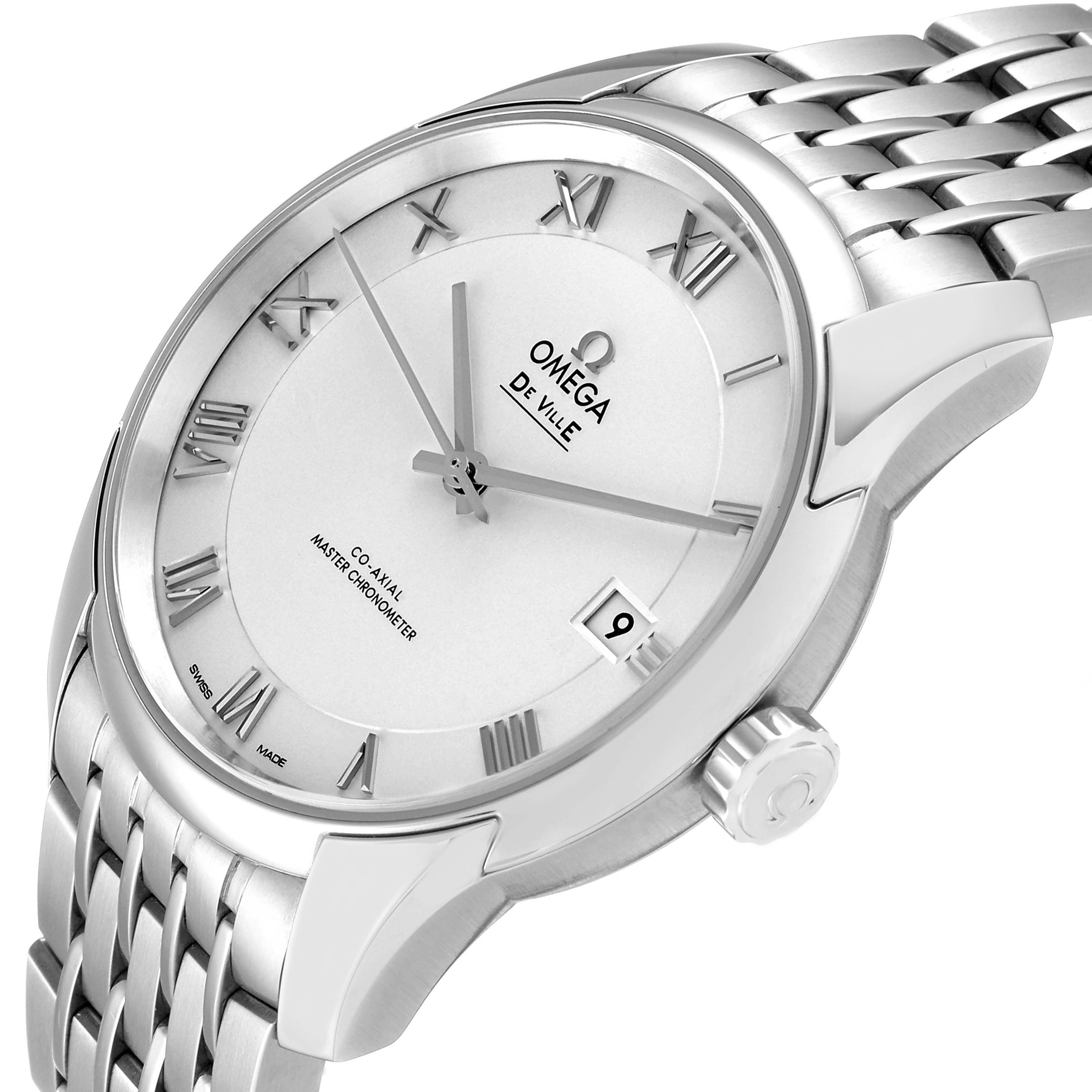 The image shows the Omega De Ville 433.10.41.21.02.001 Men's Stainless Steel Silver Dial 433.10.41.21.02.001 Men's Stainless Steel Silver Dial watch from an angled close-up view, highlighting the dial, crown, and part of the bracelet.