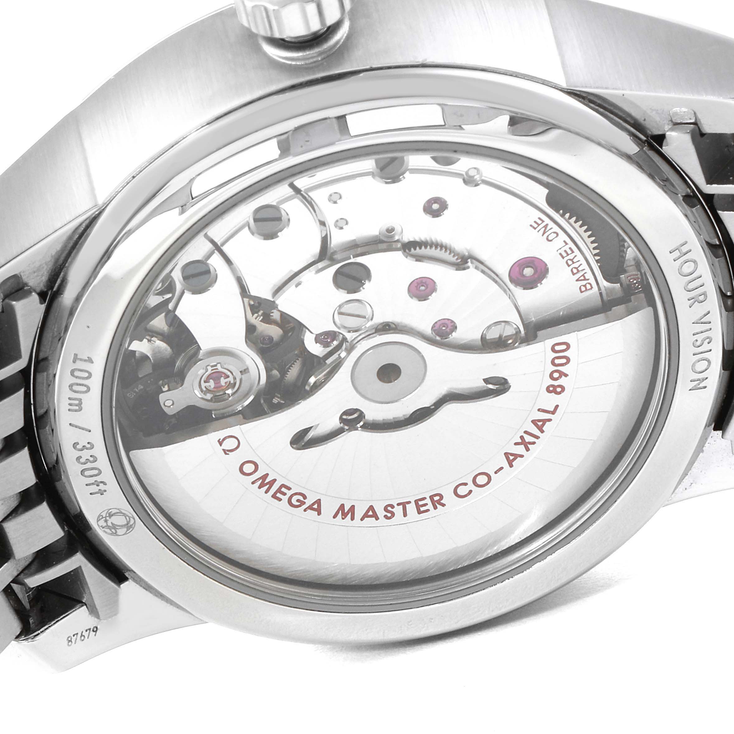 The image shows the back view of the Omega De Ville 433.10.41.21.02.001 Men's Stainless Steel Silver Dial 433.10.41.21.02.001 Men's Stainless Steel Silver Dial watch, displaying its transparent case back and internal mechanical components.