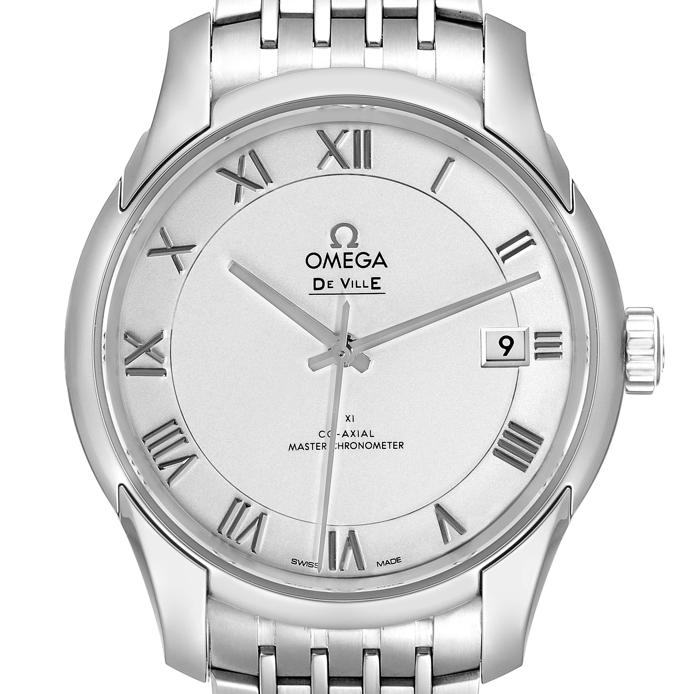 This is a frontal view of the Omega De Ville 433.10.41.21.02.001 Men's Stainless Steel Silver Dial 433.10.41.21.02.001 Men's Stainless Steel Silver Dial watch showcasing the dial, hands, date window, and part of the bracelet.