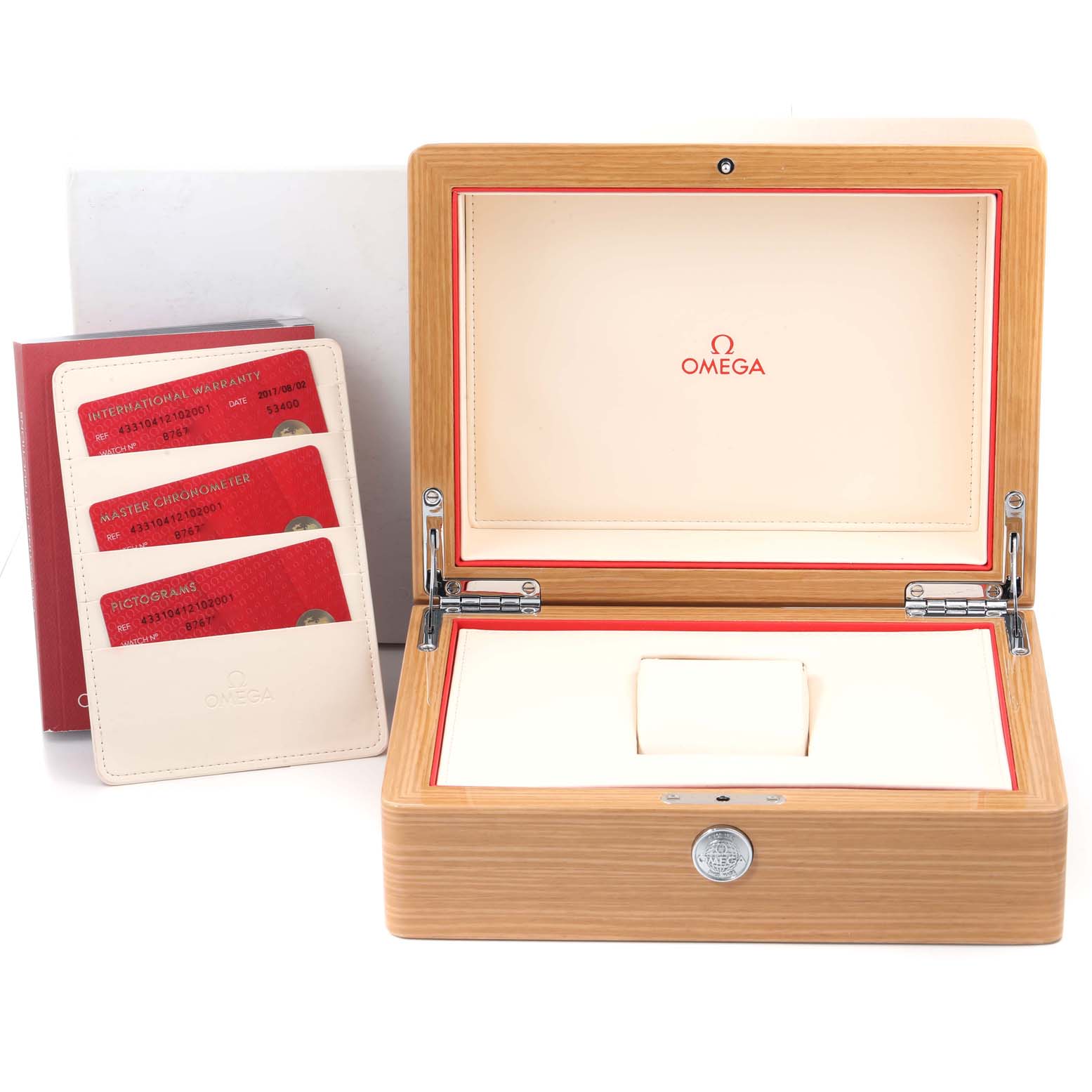 The image shows an open wooden Omega De Ville 433.10.41.21.02.001 Men's Stainless Steel Silver Dial 433.10.41.21.02.001 Men's Stainless Steel Silver Dial watch box and accompanying warranty cards in a protective sleeve.