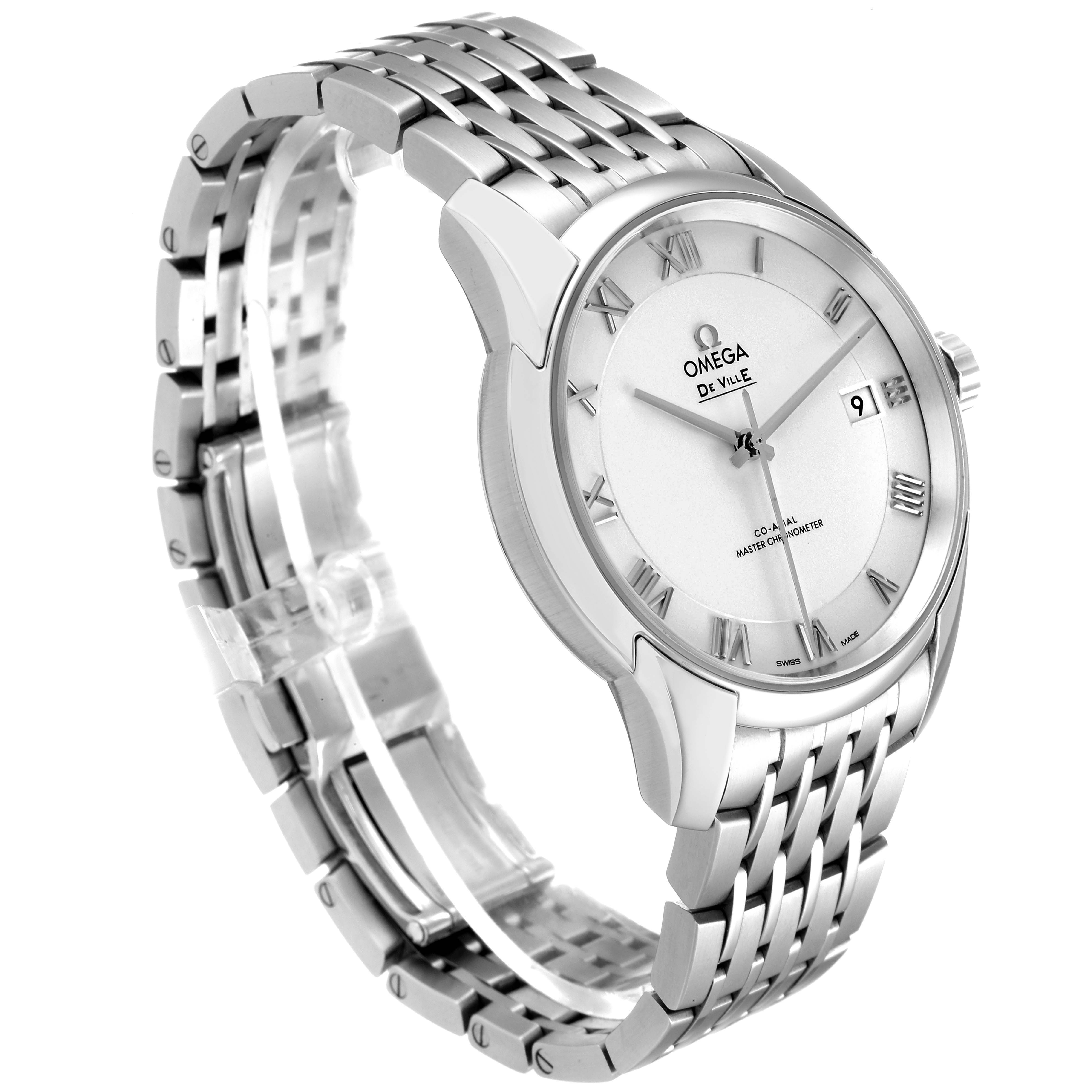 The image shows an Omega De Ville 433.10.41.21.02.001 Men's Stainless Steel Silver Dial 433.10.41.21.02.001 Men's Stainless Steel Silver Dial watch at a three-quarter angle highlighting the face, bezel, crown, and bracelet.