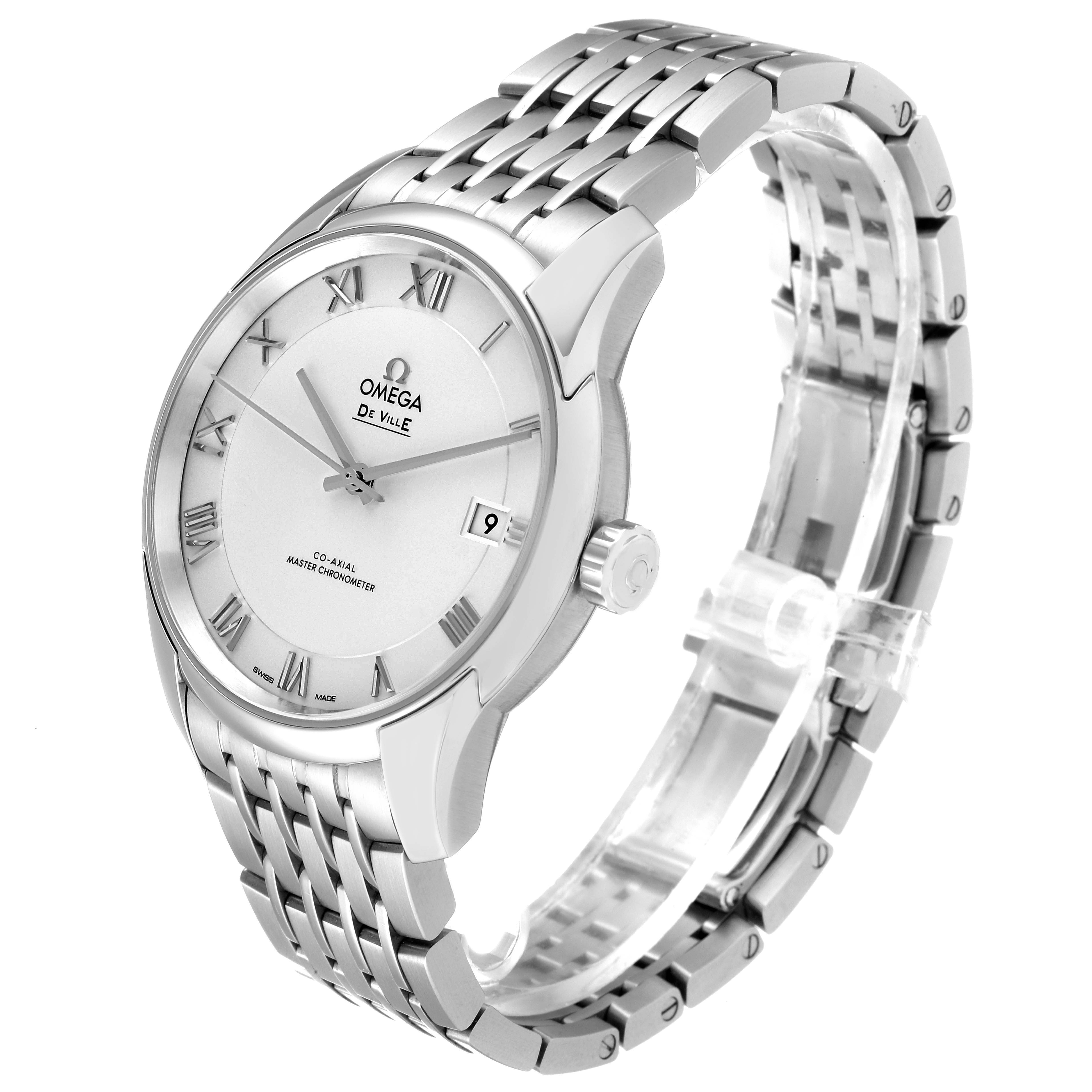 The image shows a three-quarter view of the Omega De Ville 433.10.41.21.02.001 Men's Stainless Steel Silver Dial 433.10.41.21.02.001 Men's Stainless Steel Silver Dial watch, highlighting the face, bezel, crown, and stainless-steel bracelet.