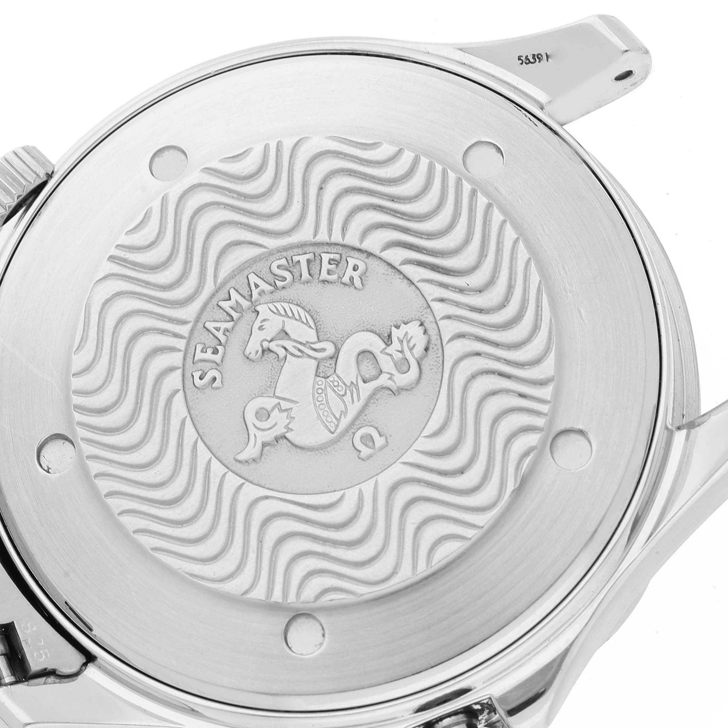 The image shows the back casing of an Omega Seamaster 2542.80.00 Men's Stainless Steel Blue Dial 2542.80.00 Men's Stainless Steel Blue Dial watch, highlighting its engraved design and logo.