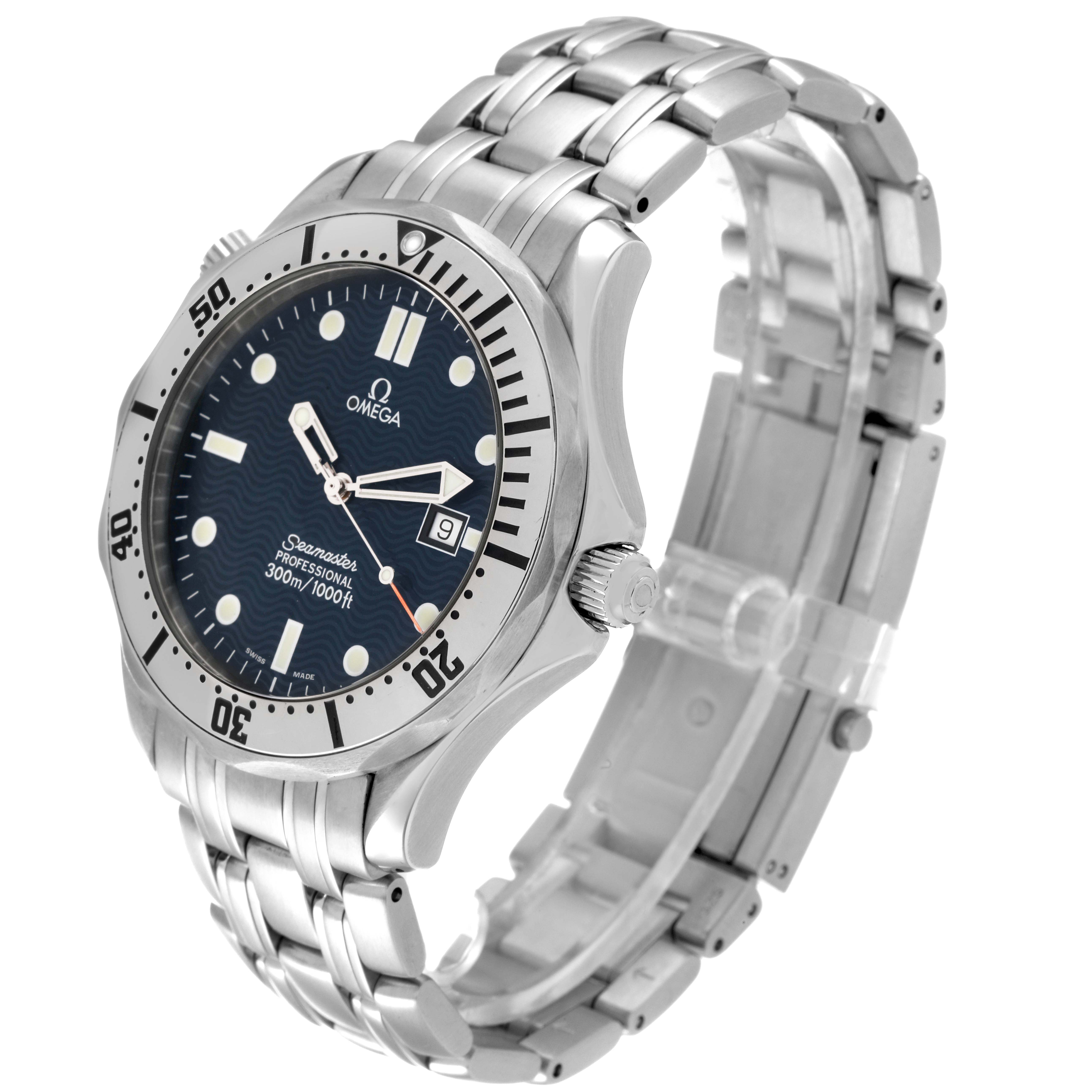 The image shows an Omega Seamaster 2542.80.00 Men's Stainless Steel Blue Dial 2542.80.00 Men's Stainless Steel Blue Dial watch from a slightly angled side view, highlighting the face, bezel, crown, and metal band.