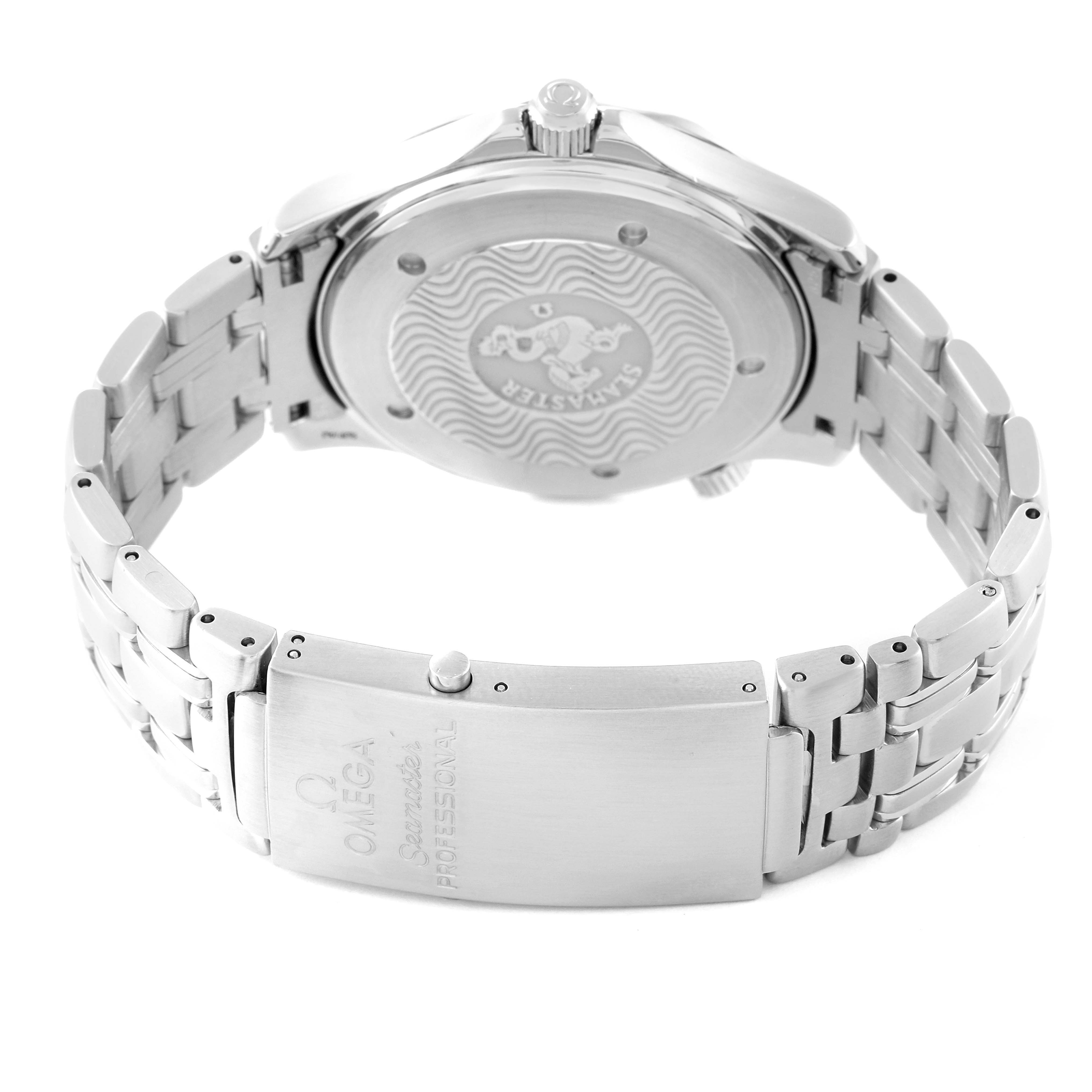 The image shows the back view of an Omega Seamaster 2542.80.00 Men's Stainless Steel Blue Dial 2542.80.00 Men's Stainless Steel Blue Dial watch, highlighting its case back and stainless steel bracelet.