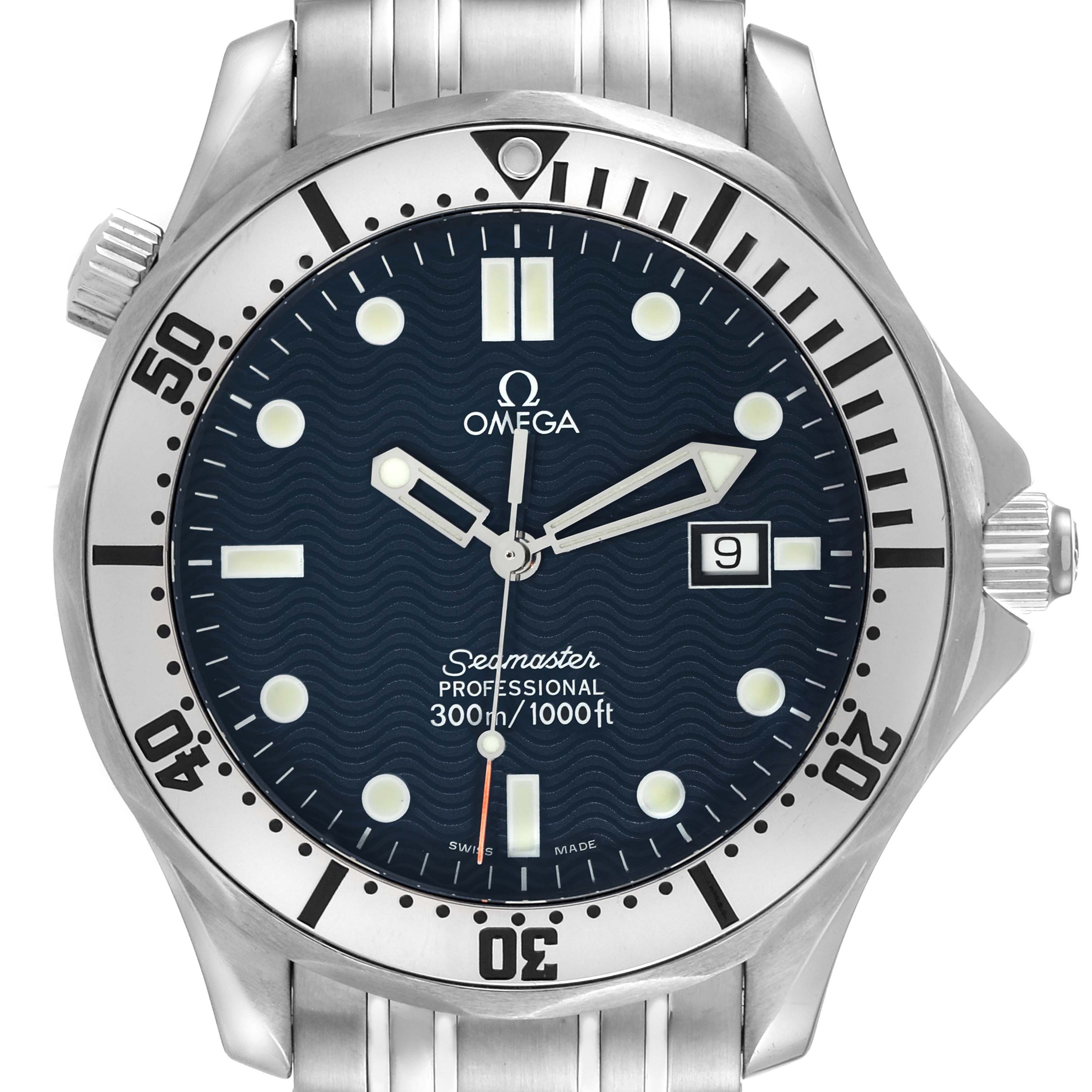 The image shows a front view of the Omega Seamaster 2542.80.00 Men's Stainless Steel Blue Dial 2542.80.00 Men's Stainless Steel Blue Dial watch, featuring the dial, bezel, hands, and part of the bracelet.