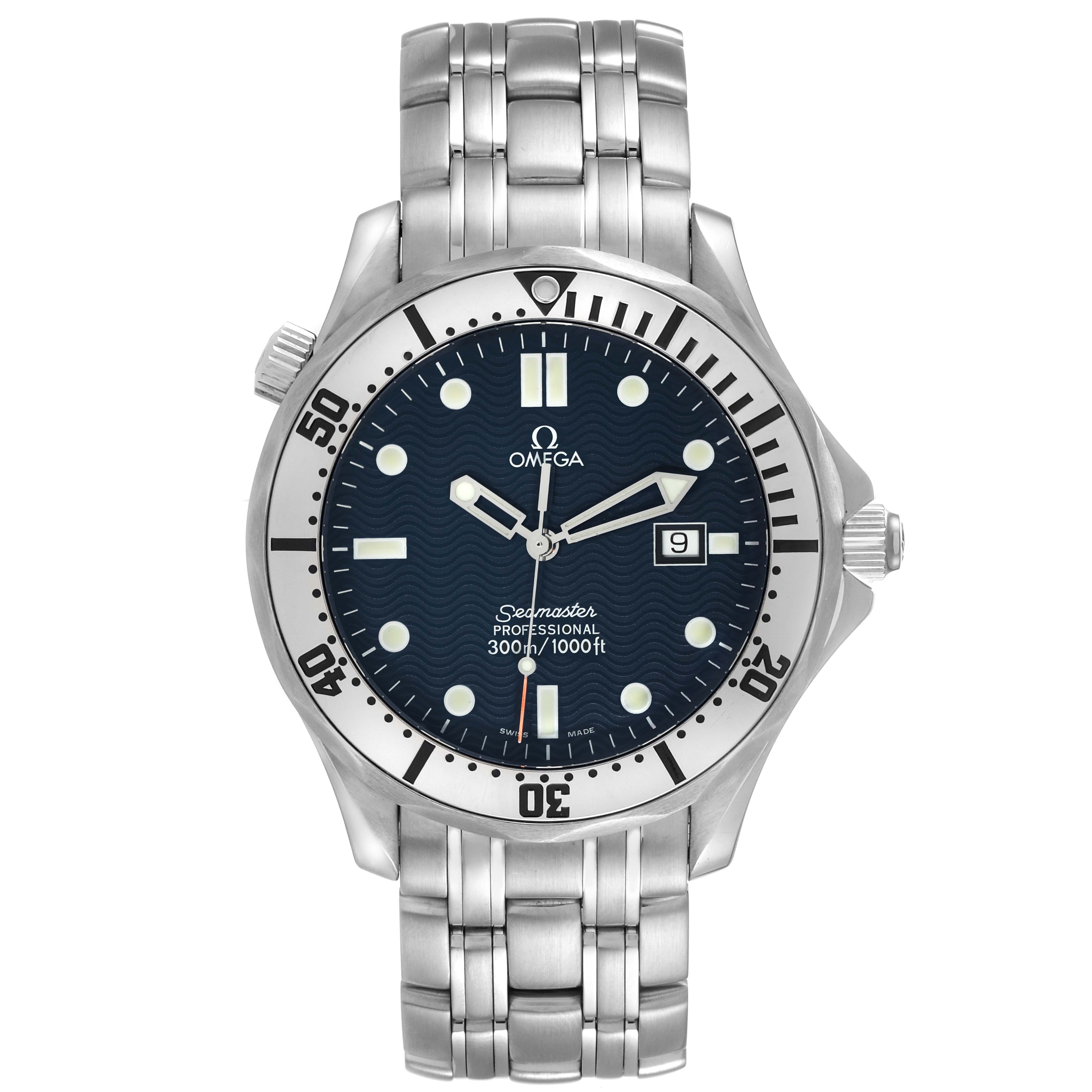 The image shows a front view of an Omega Seamaster 2542.80.00 Men's Stainless Steel Blue Dial 2542.80.00 Men's Stainless Steel Blue Dial watch, highlighting the dial, bezel, bracelet, and crown.