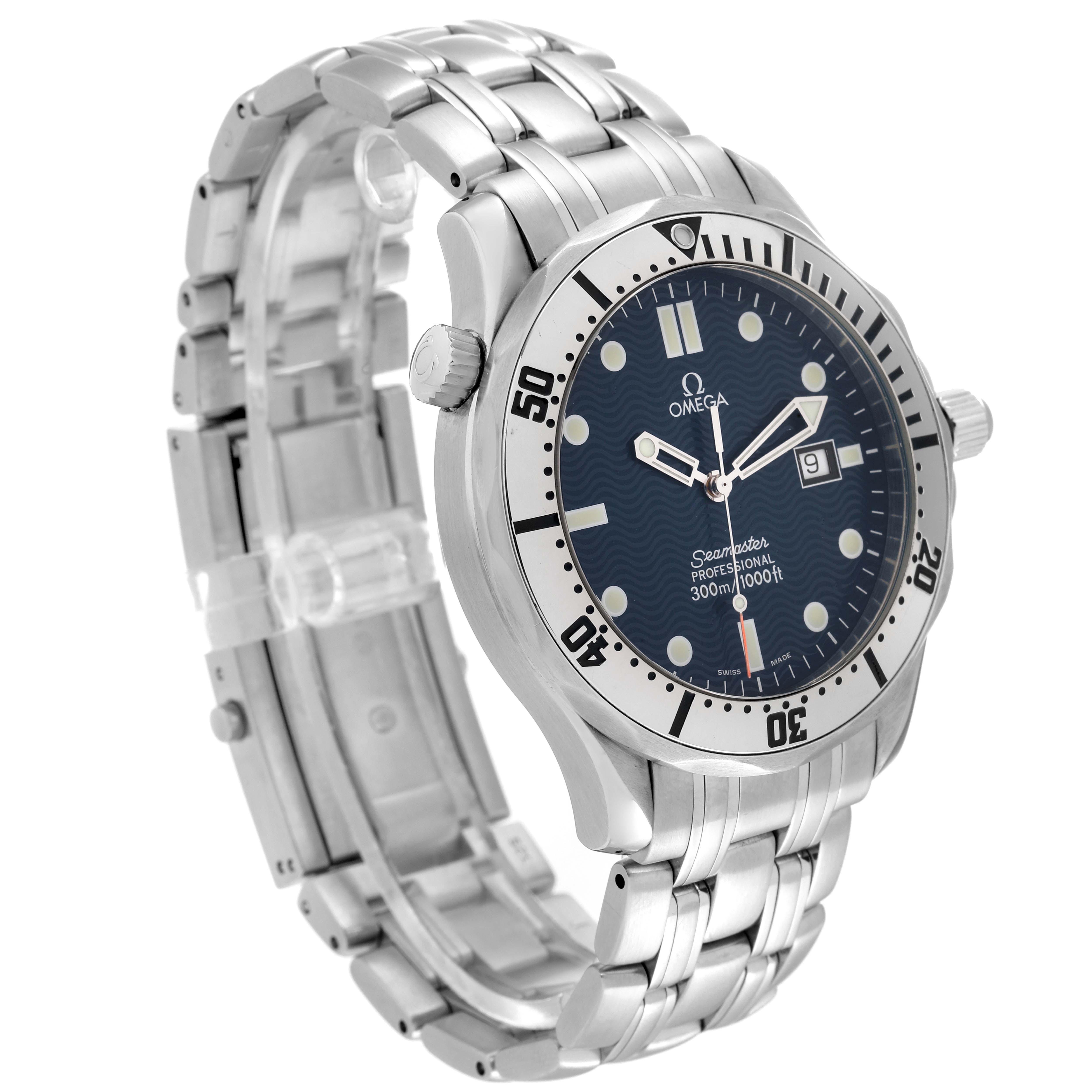 The watch is an Omega Seamaster 2542.80.00 Men's Stainless Steel Blue Dial 2542.80.00 Men's Stainless Steel Blue Dial model shown at a 3/4 angle, displaying its face, bezel, crown, and stainless steel bracelet.
