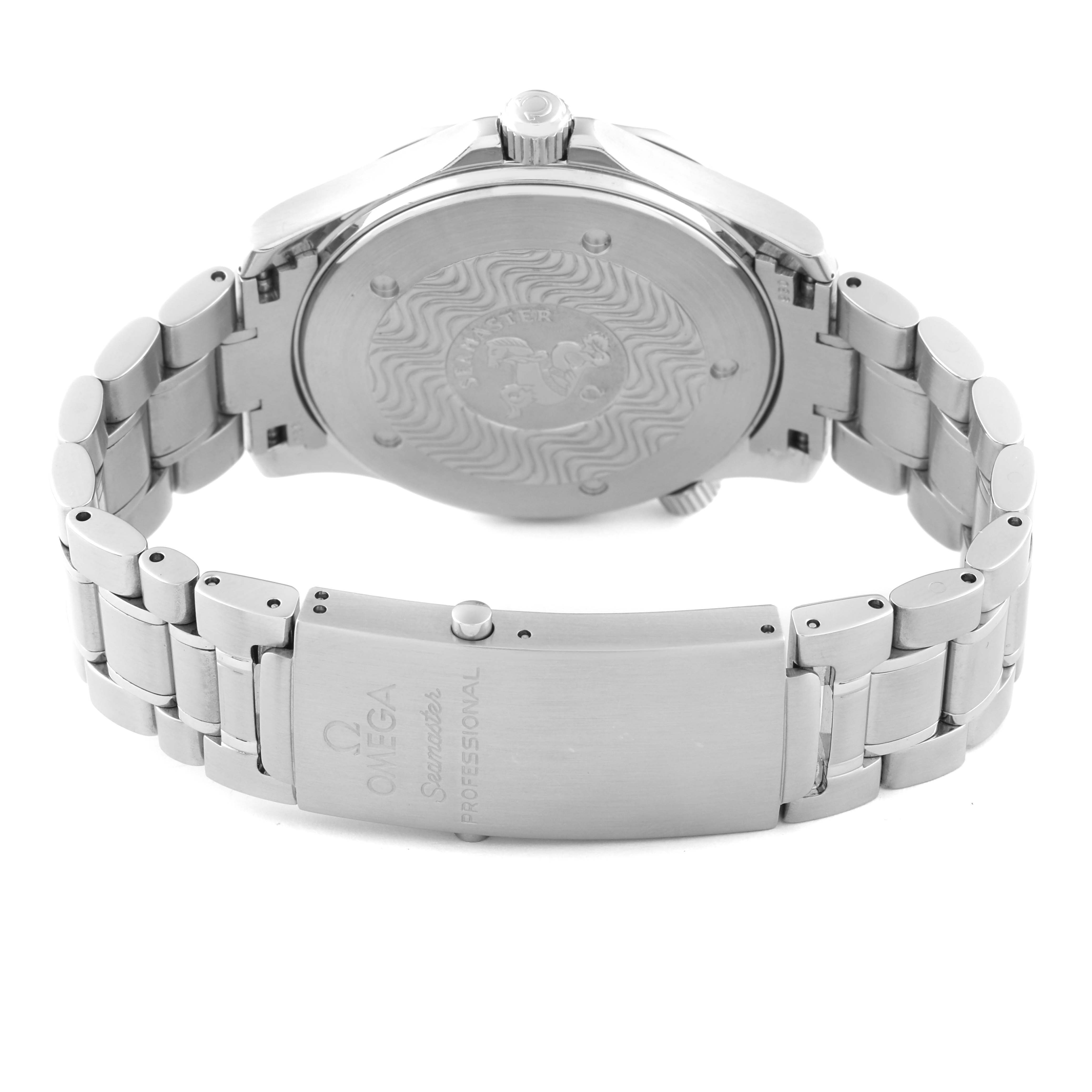 The image shows the back and clasp of an Omega Seamaster 2264.50.00 Men
s Stainless Steel Black Dial 2264.50.00 Men
s Stainless Steel Black Dial watch, highlighting the case back and bracelet.