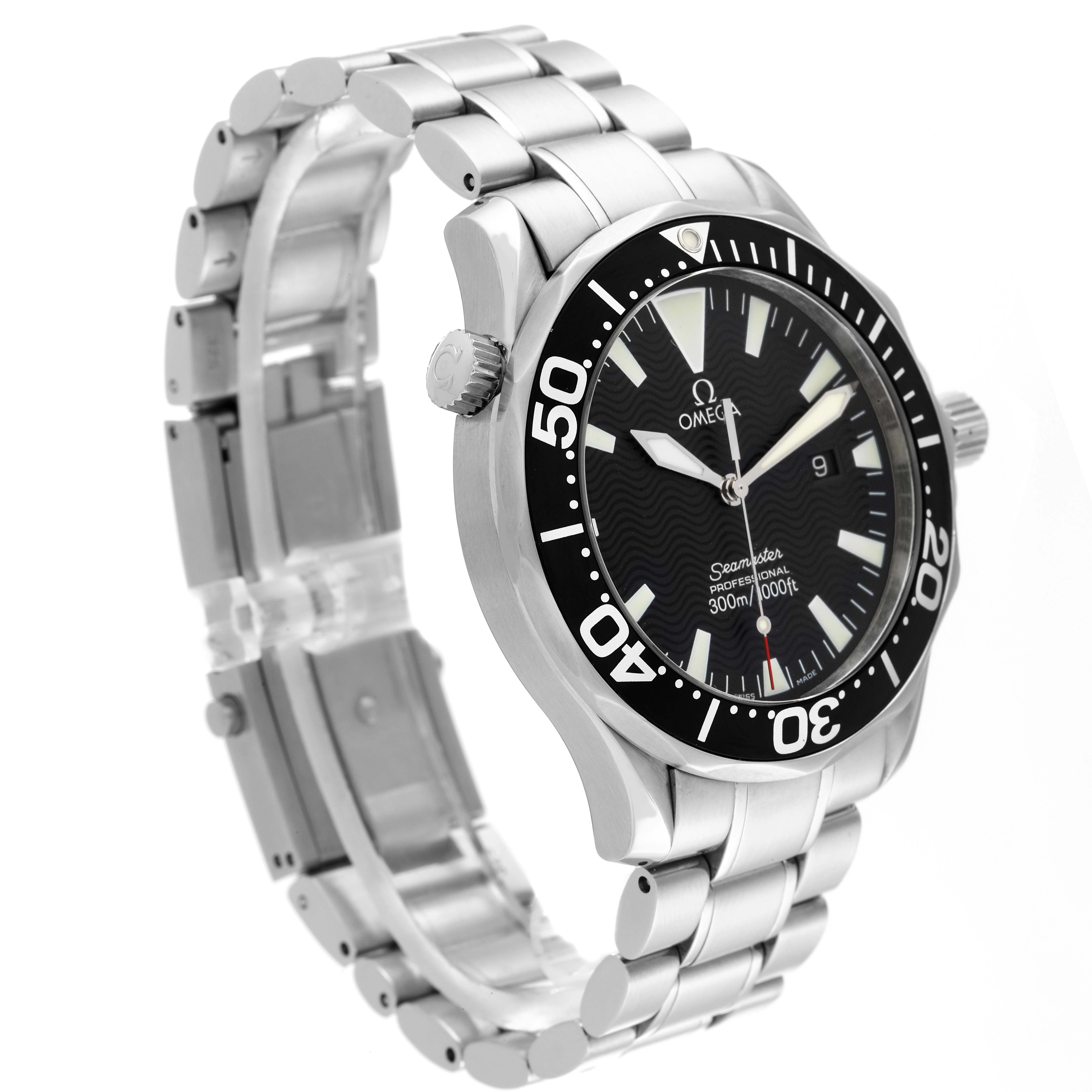 The Omega Seamaster 2264.50.00 Men
s Stainless Steel Black Dial 2264.50.00 Men
s Stainless Steel Black Dial watch is shown from a left-side angle, highlighting its dial, bezel, and metal bracelet.