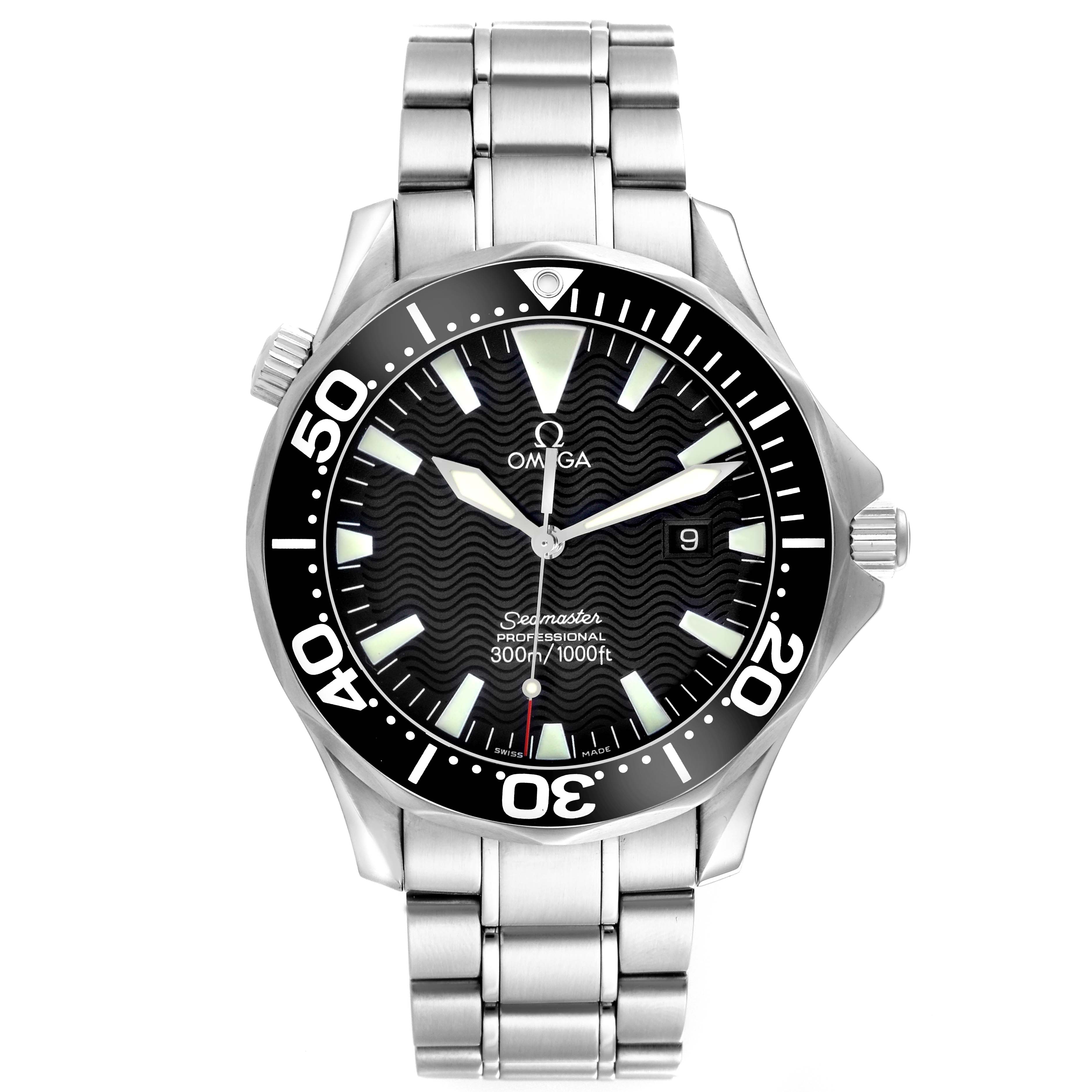 The Omega Seamaster 2264.50.00 Men
s Stainless Steel Black Dial 2264.50.00 Men
s Stainless Steel Black Dial watch is shown from the front, displaying the dial, bezel, and bracelet.