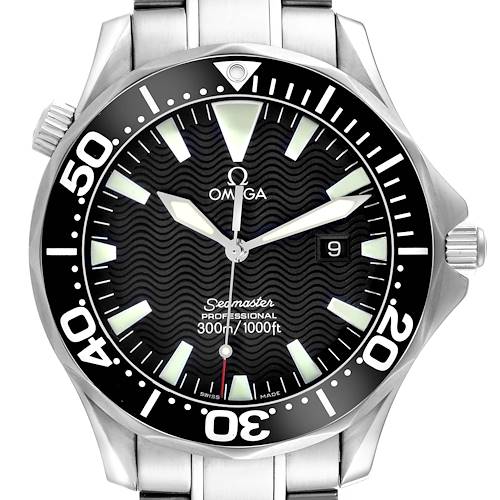 The Omega Seamaster model is shown from the front, highlighting the dial, bezel, and stainless steel bracelet.