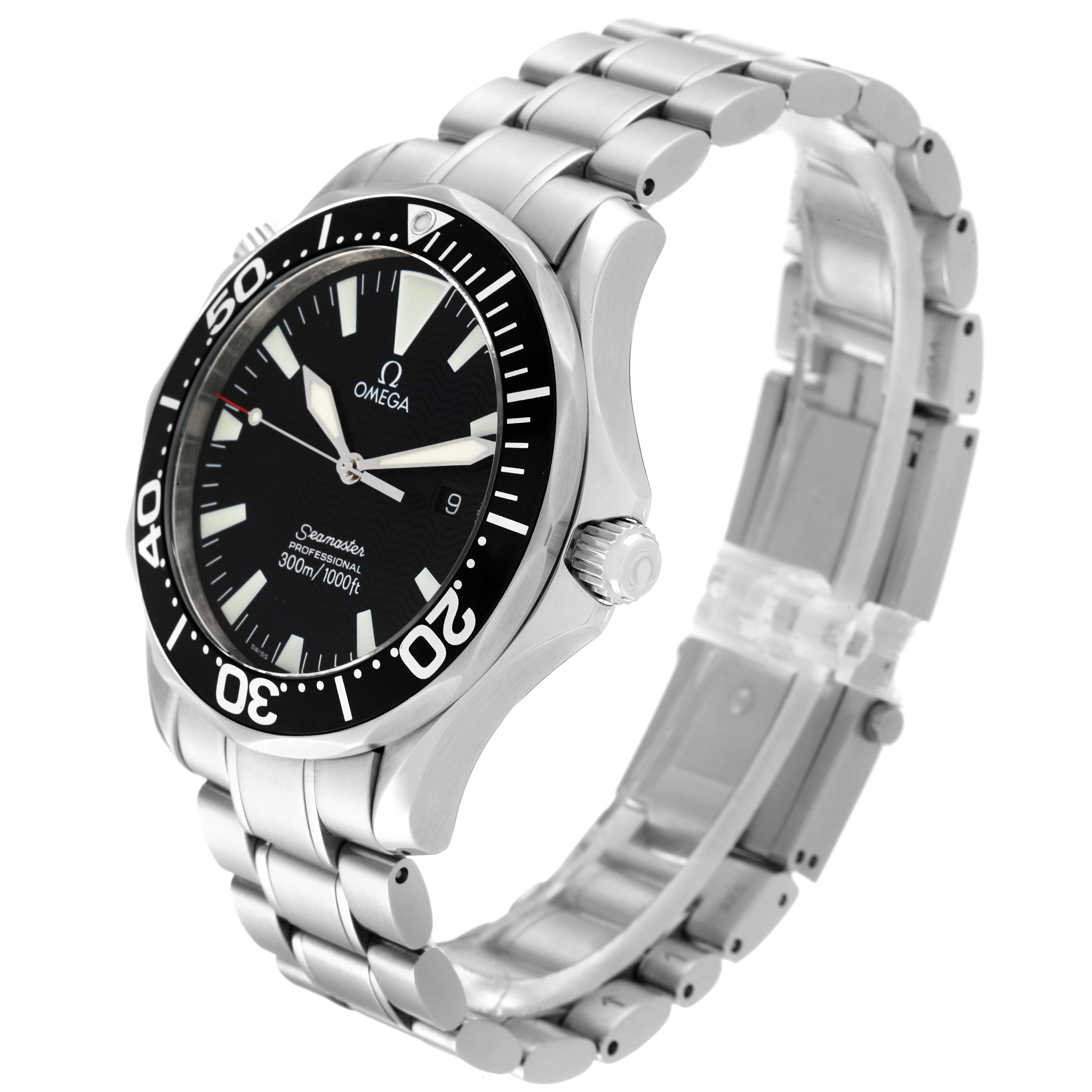 The Omega Seamaster 2264.50.00 Men
s Stainless Steel Black Dial 2264.50.00 Men
s Stainless Steel Black Dial watch is shown at a side angle featuring the bezel, crown, and stainless steel bracelet.