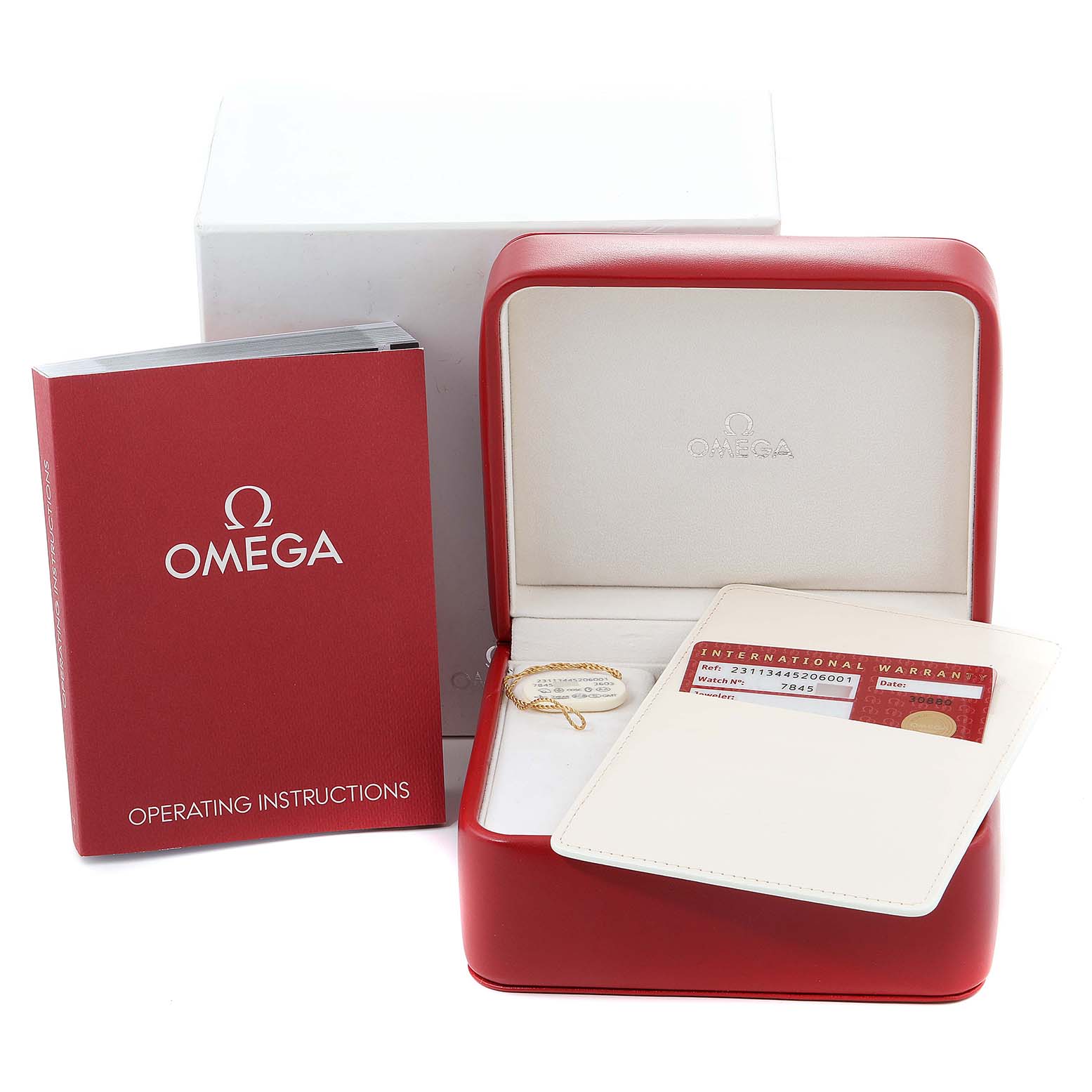 The image shows accessories for the Omega Aqua Terra 231.13.44.52.06.001 Men
s Stainless Steel Grey Dial 231.13.44.52.06.001 Men
s Stainless Steel Grey Dial model, including a box, warranty card, and operating instructions.