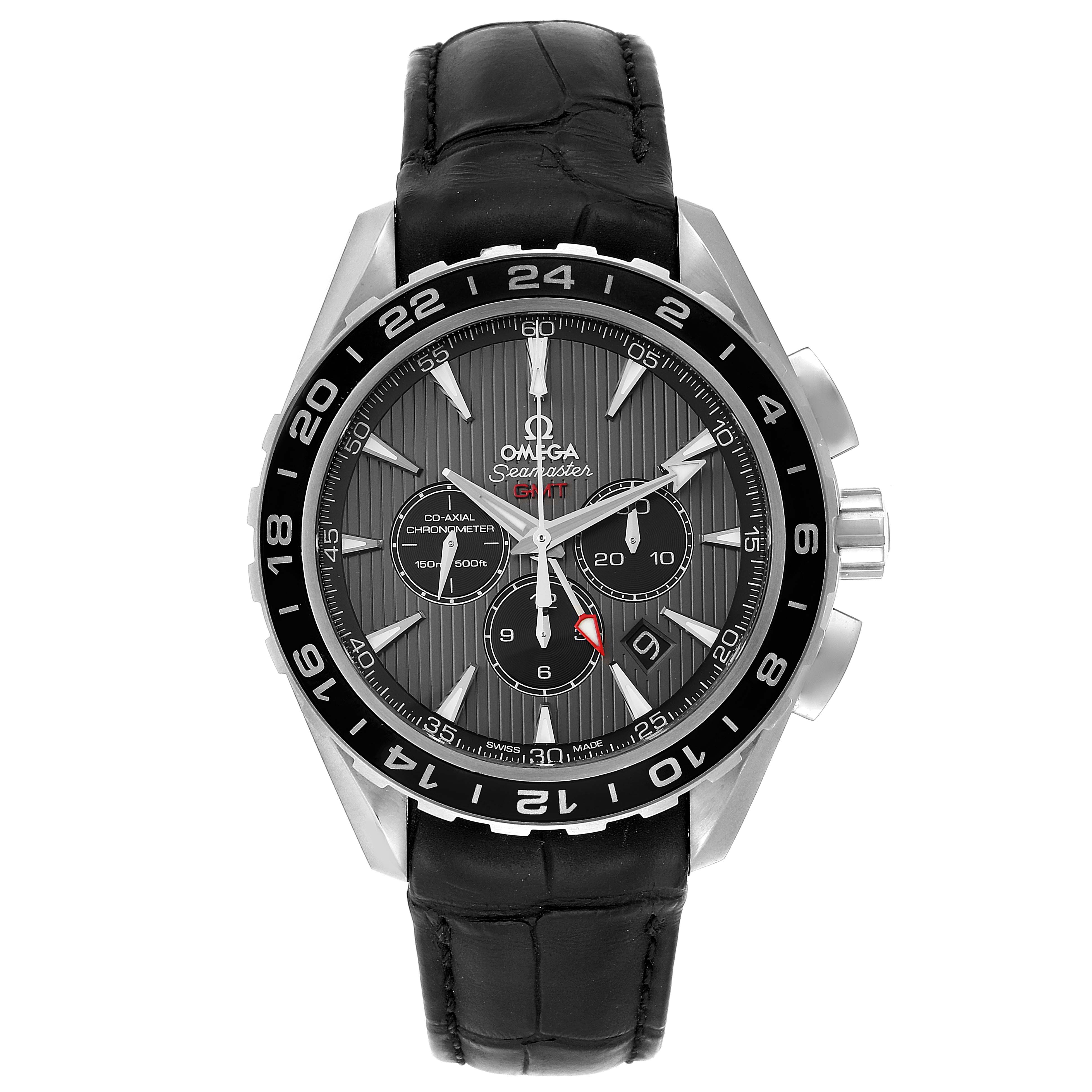 The image shows a frontal view of the Omega Aqua Terra 231.13.44.52.06.001 Men
s Stainless Steel Grey Dial 231.13.44.52.06.001 Men
s Stainless Steel Grey Dial watch, highlighting its black dial, bezel, and black leather strap.