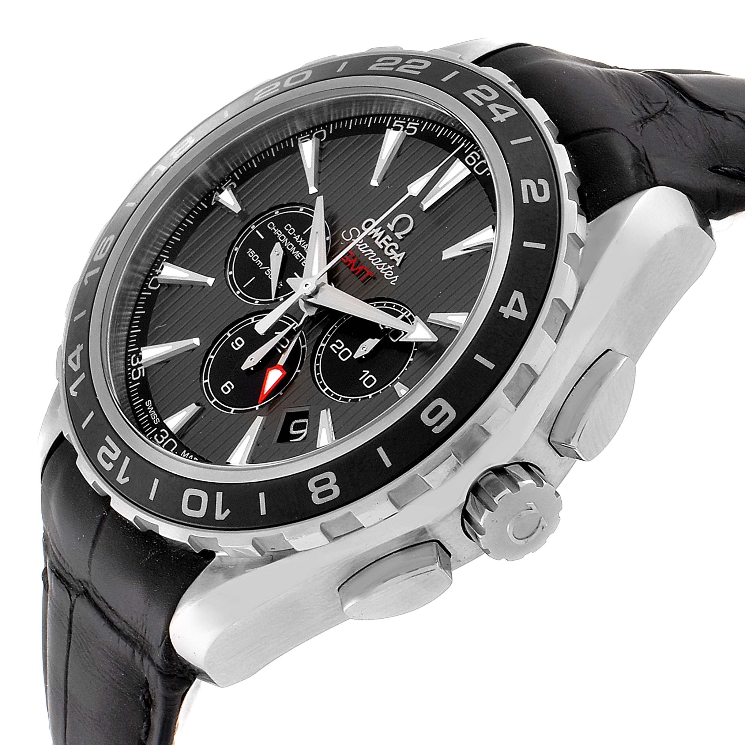 The image shows a side view of the Omega Aqua Terra 231.13.44.52.06.001 Men
s Stainless Steel Grey Dial 231.13.44.52.06.001 Men
s Stainless Steel Grey Dial watch, highlighting its face, bezel, crown, and leather strap.