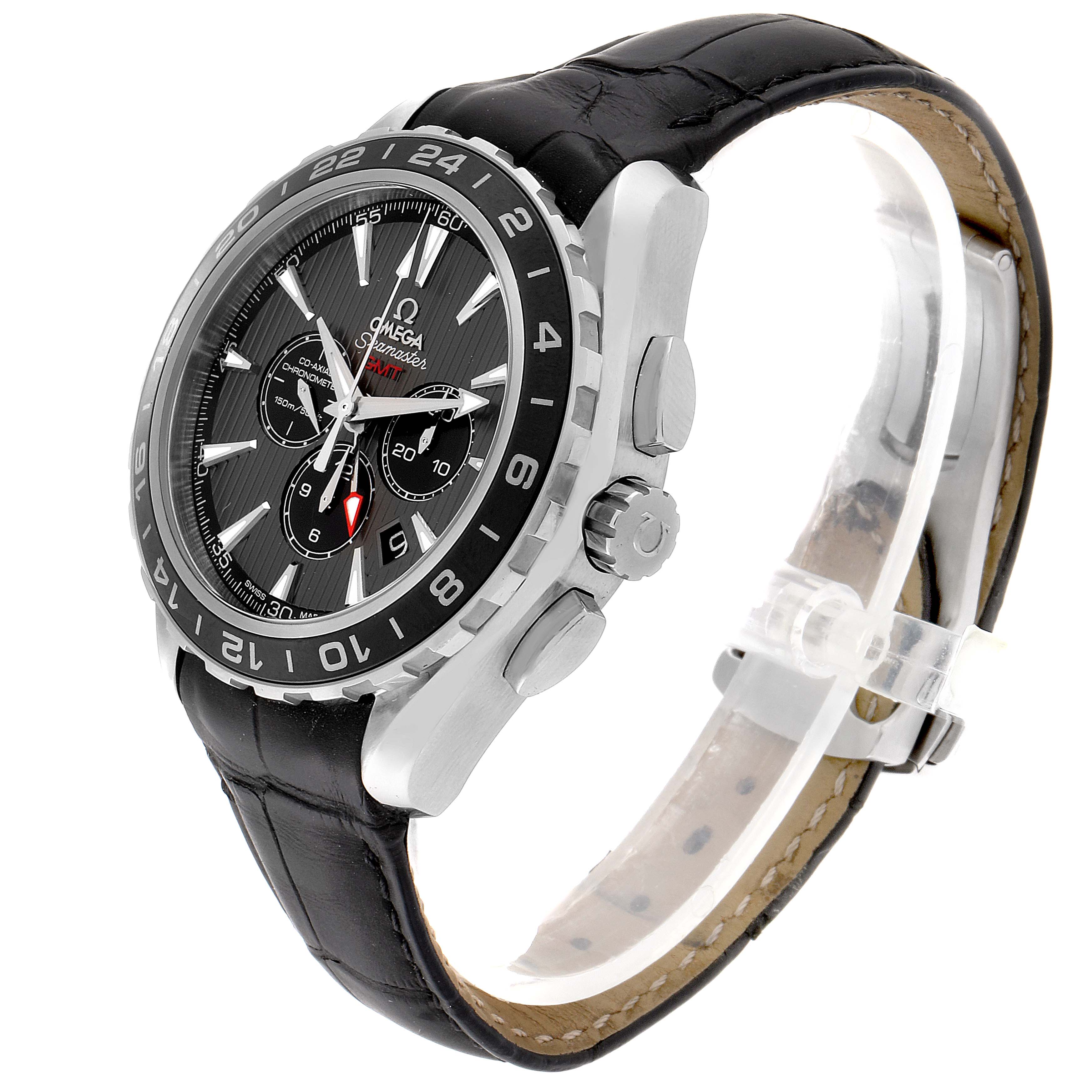 The Omega Aqua Terra 231.13.44.52.06.001 Men
s Stainless Steel Grey Dial 231.13.44.52.06.001 Men
s Stainless Steel Grey Dial watch is shown at an angled side view, highlighting the dial, bezel, crown, and leather strap.