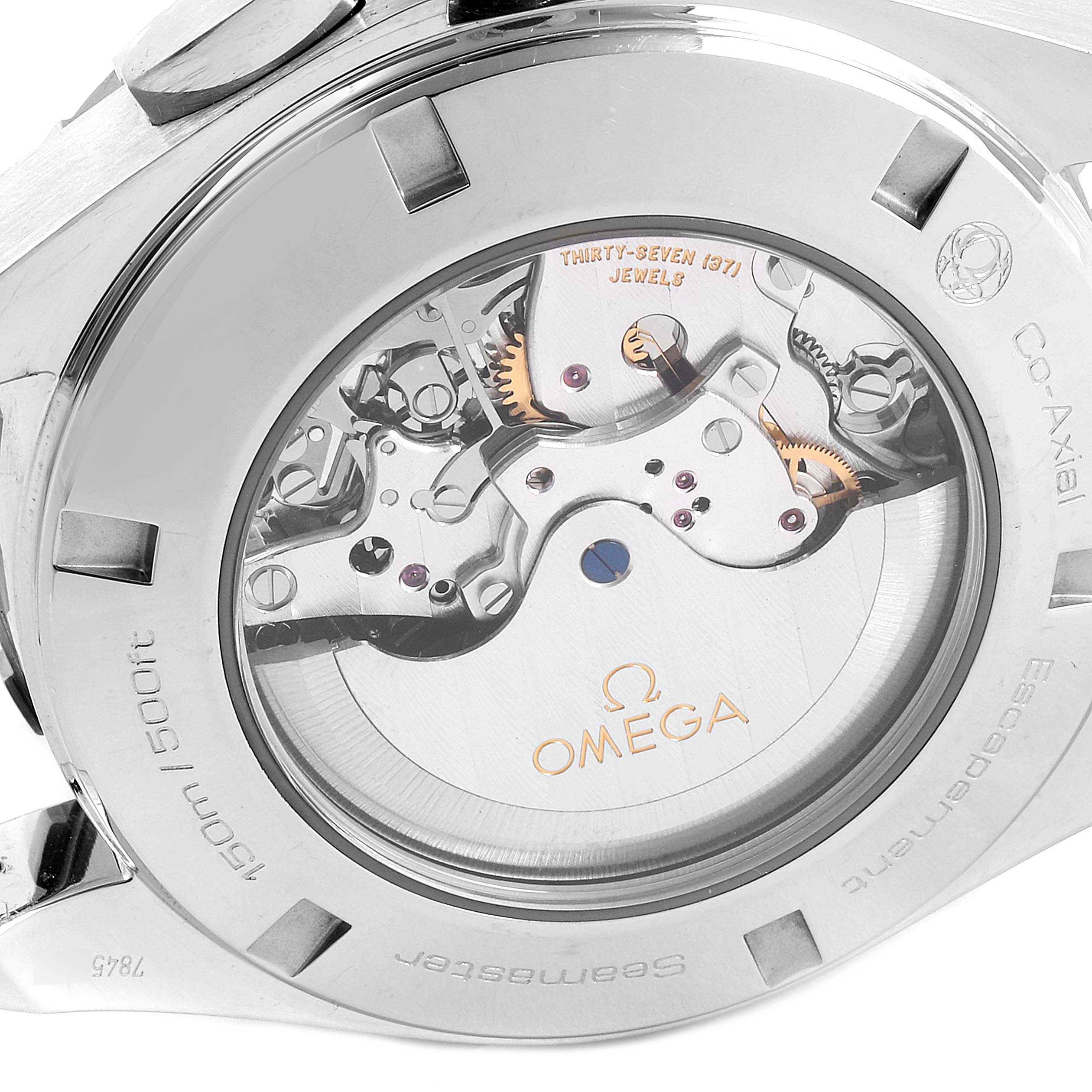 The image shows the back of an Omega Aqua Terra 231.13.44.52.06.001 Men
s Stainless Steel Grey Dial 231.13.44.52.06.001 Men
s Stainless Steel Grey Dial watch displaying the intricate movement and internal mechanics.