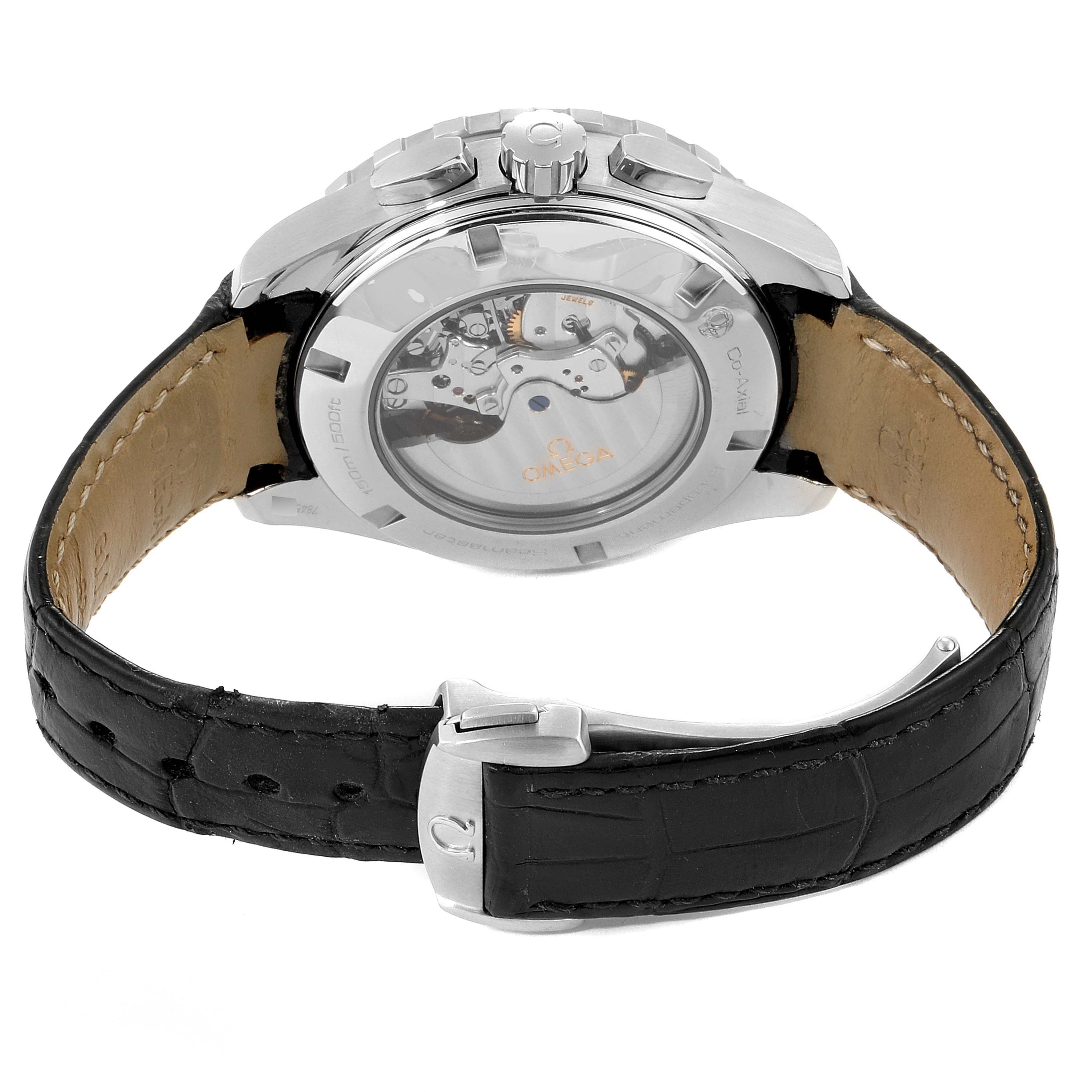 The image shows the back view of the Omega Aqua Terra 231.13.44.52.06.001 Men
s Stainless Steel Grey Dial 231.13.44.52.06.001 Men
s Stainless Steel Grey Dial watch, including its transparent case back and black leather strap.