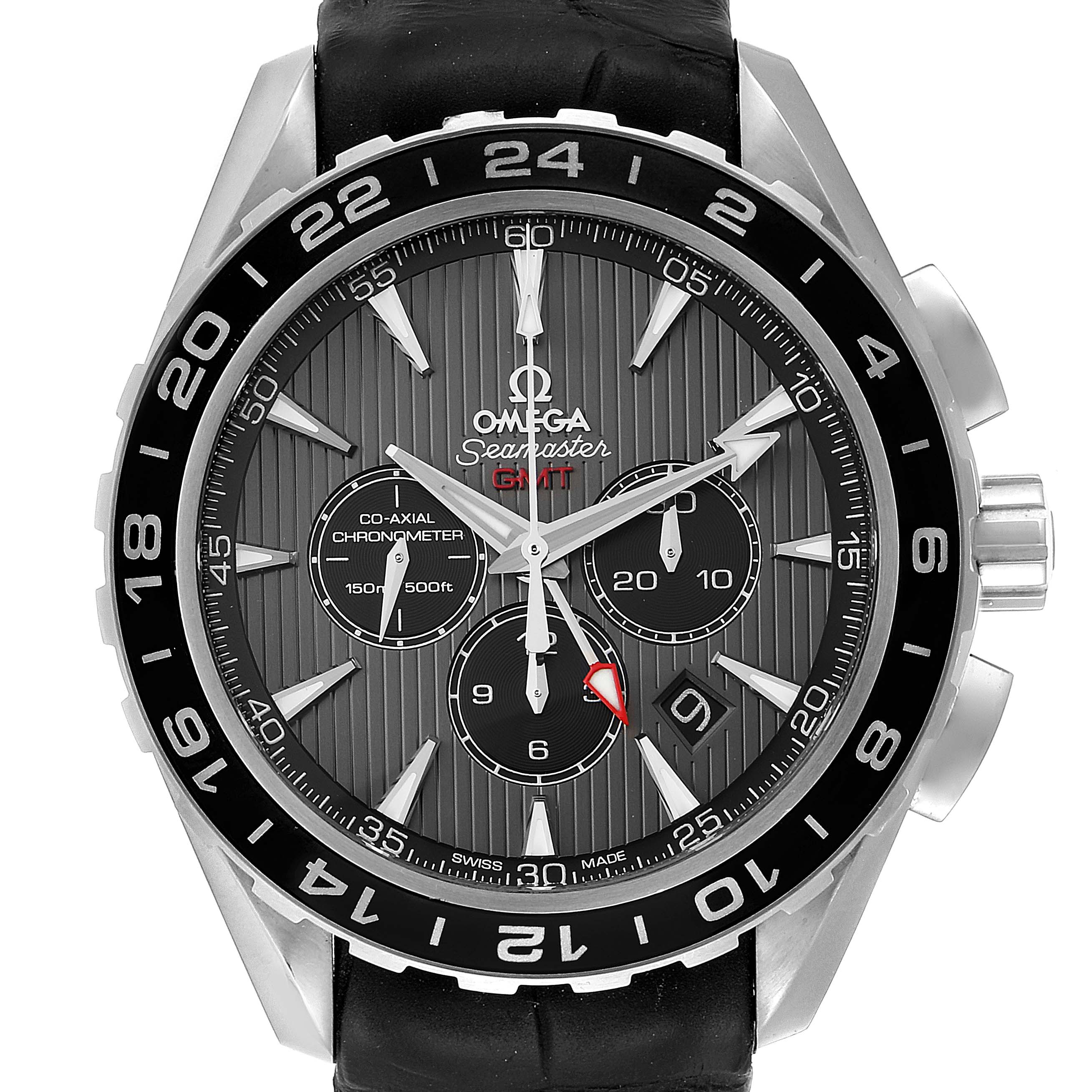 The image shows a front view of the Omega Aqua Terra 231.13.44.52.06.001 Men
s Stainless Steel Grey Dial 231.13.44.52.06.001 Men
s Stainless Steel Grey Dial model watch, highlighting the dial, bezel, and chronograph features.