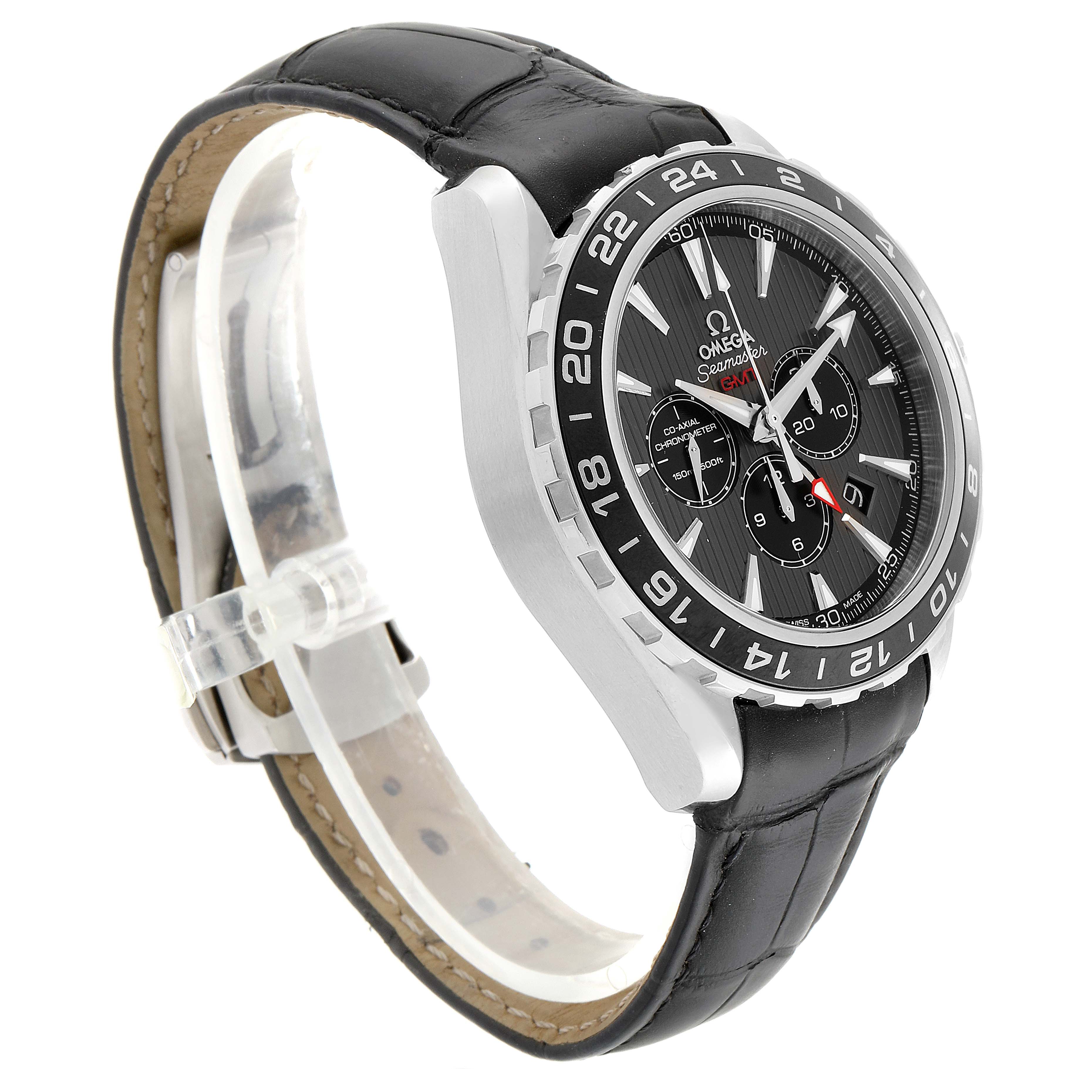 The Omega Aqua Terra 231.13.44.52.06.001 Men
s Stainless Steel Grey Dial 231.13.44.52.06.001 Men
s Stainless Steel Grey Dial watch is shown at a three-quarter angle displaying its face, bezel, and black leather strap.