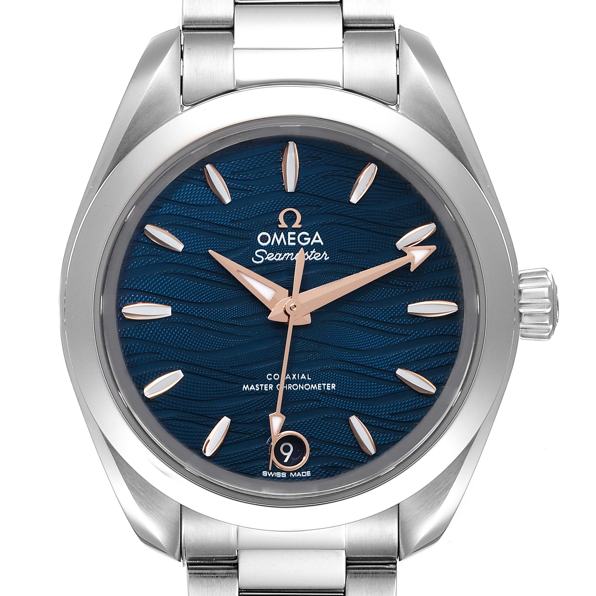 The image shows a front view of the Omega 220.10.34.20.03.001 Women's Stainless Steel Blue Dial 220.10.34.20.03.001 Women's Stainless Steel Blue Dial Seamaster Aqua Terra Steel Ladies Watch 220.10.34.20.03.001, displaying the dial, hands, and bracelet.