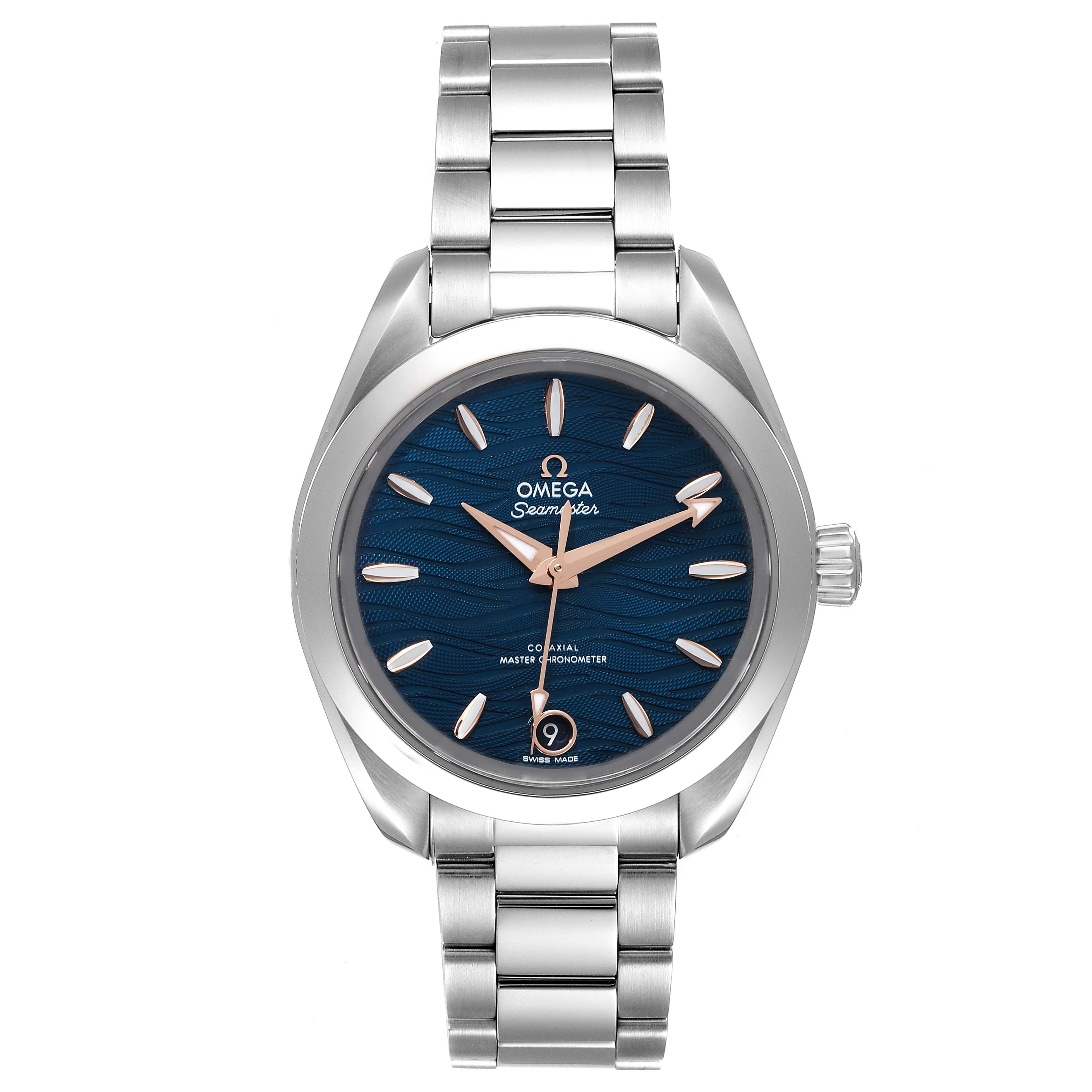 This image shows a front view of the Omega 220.10.34.20.03.001 Women's Stainless Steel Blue Dial 220.10.34.20.03.001 Women's Stainless Steel Blue Dial Seamaster Aqua Terra Steel Ladies Watch 220.10.34.20.03.001 Unworn model.