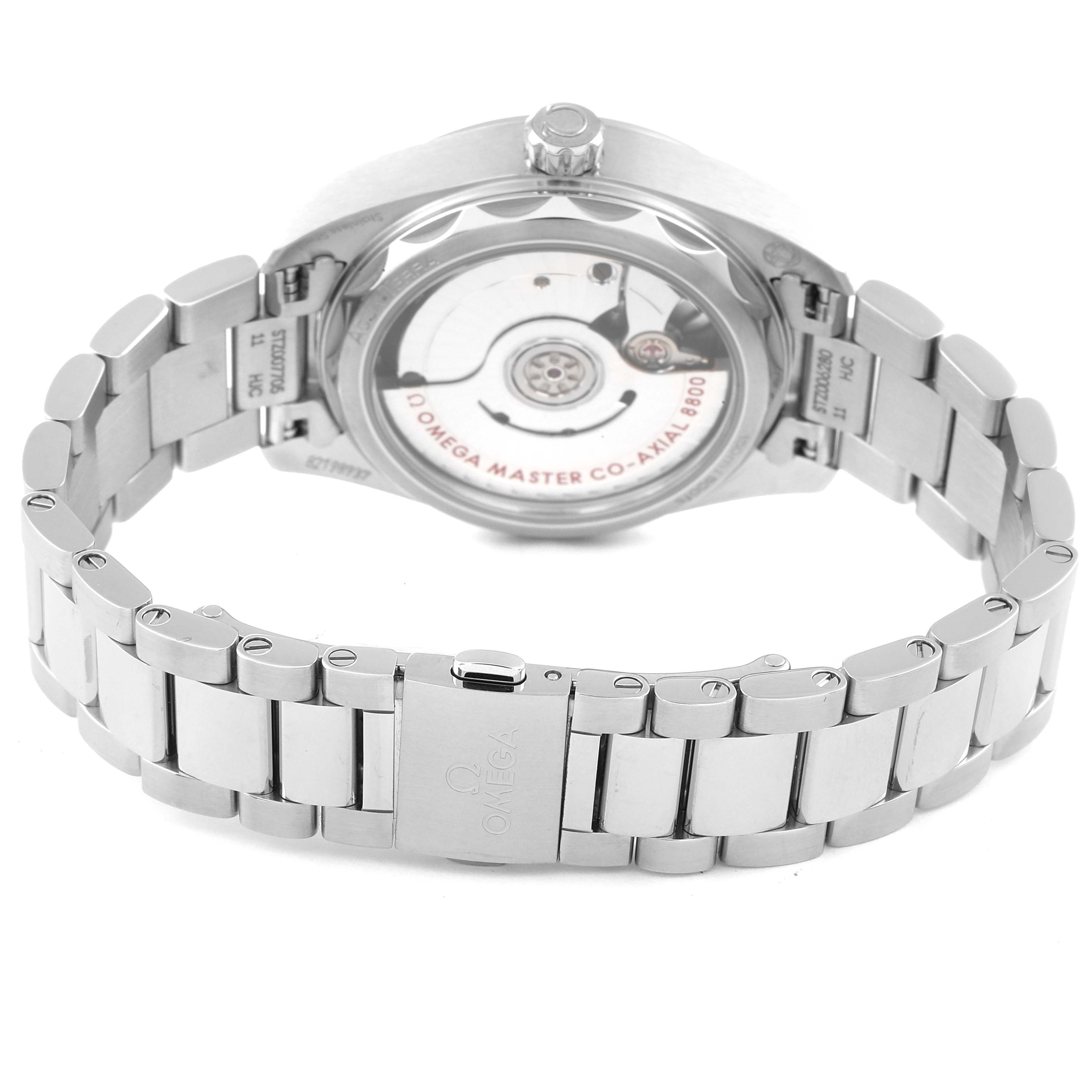 The image shows the back view of the Omega 220.10.34.20.03.001 Women's Stainless Steel Blue Dial 220.10.34.20.03.001 Women's Stainless Steel Blue Dial Seamaster Aqua Terra Steel Ladies Watch 220.10.34.20.03.001, highlighting the bracelet and clasp.