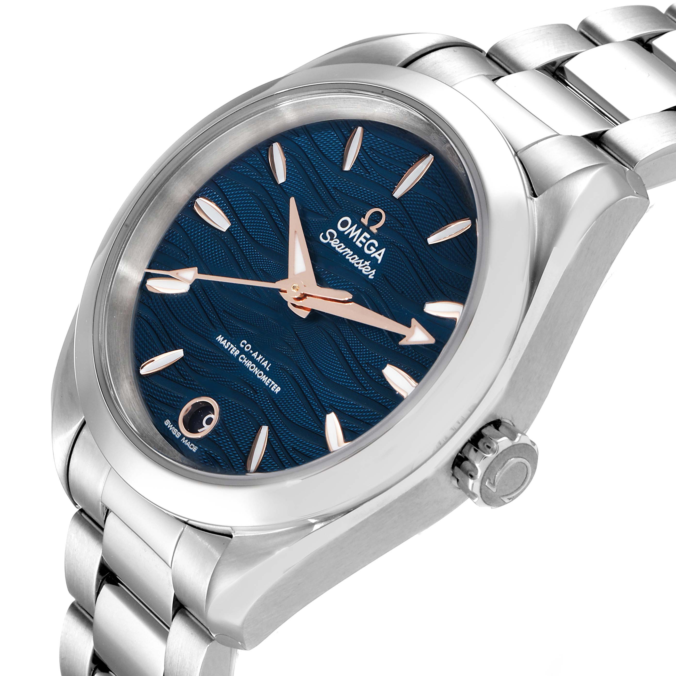The Omega 220.10.34.20.03.001 Women's Stainless Steel Blue Dial 220.10.34.20.03.001 Women's Stainless Steel Blue Dial Seamaster Aqua Terra Steel Ladies Watch is shown at an angle highlighting the blue dial, crown, and stainless steel bracelet.