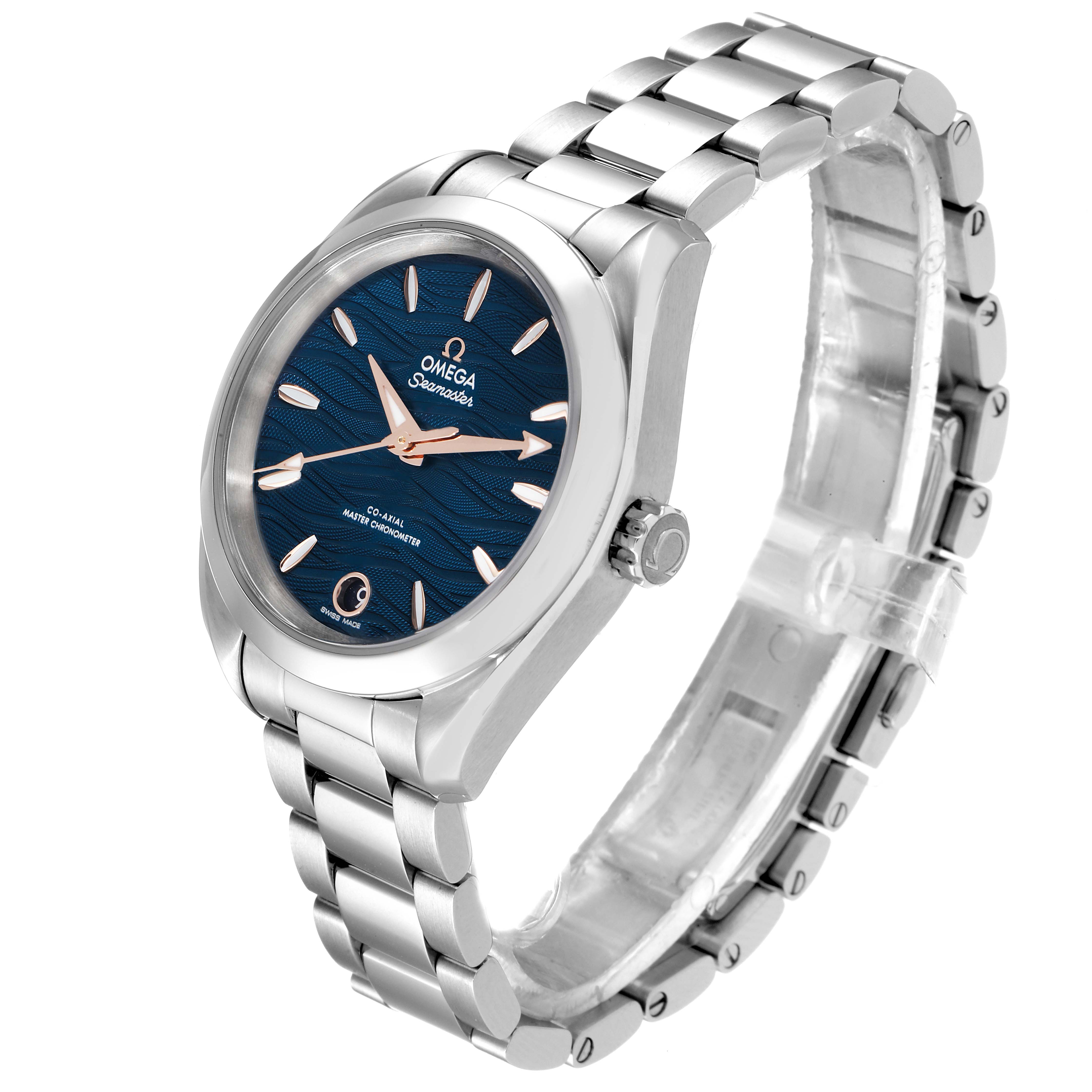 This image shows the Omega 220.10.34.20.03.001 Women's Stainless Steel Blue Dial 220.10.34.20.03.001 Women's Stainless Steel Blue Dial Seamaster Aqua Terra Steel Ladies Watch 220.10.34.20.03.001 at a three-quarter angle, displaying the face, bezel, and bracelet.