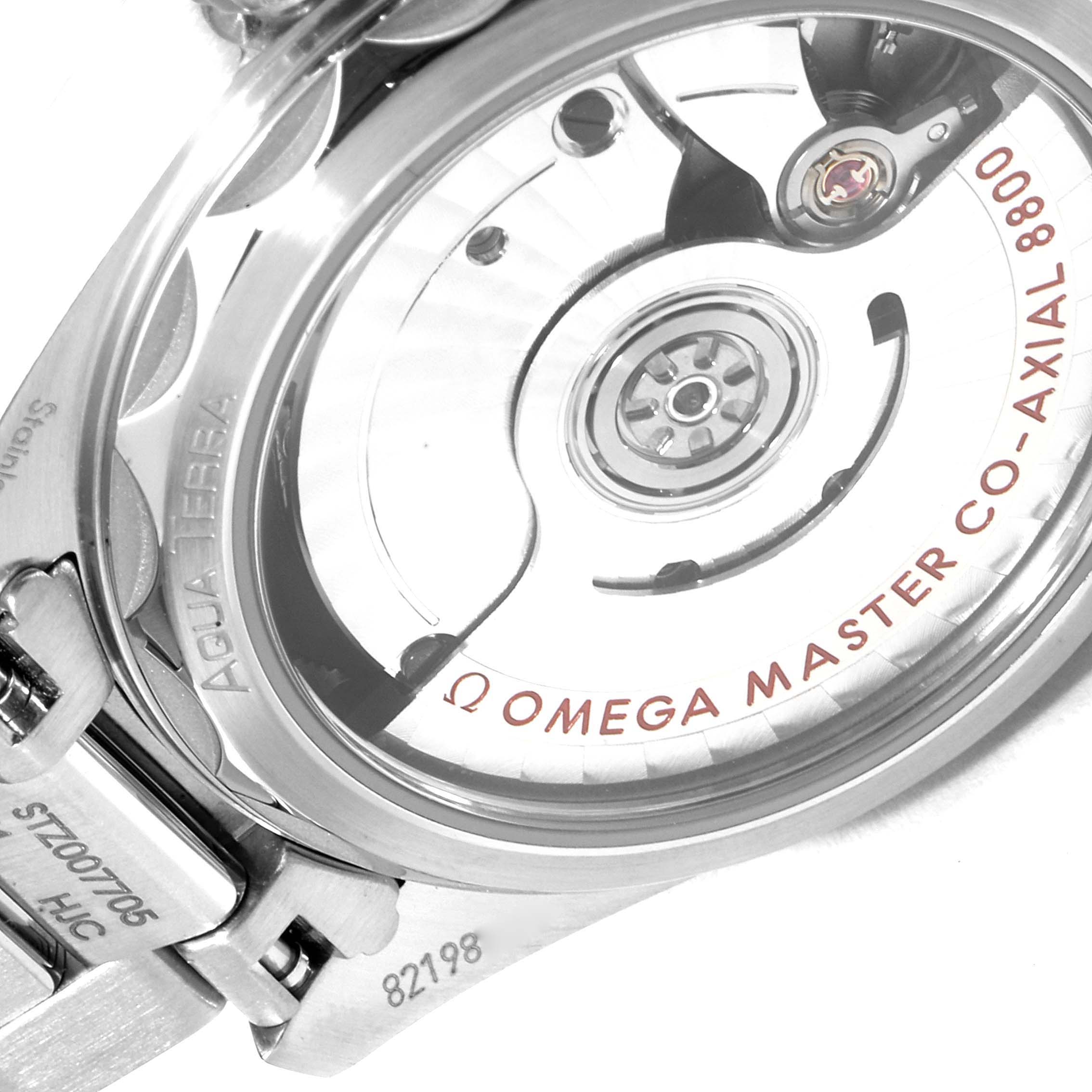 The image shows the back view of the Omega 220.10.34.20.03.001 Women's Stainless Steel Blue Dial 220.10.34.20.03.001 Women's Stainless Steel Blue Dial Seamaster Aqua Terra Steel Ladies Watch 220.10.34.20.03.001, highlighting its movement.