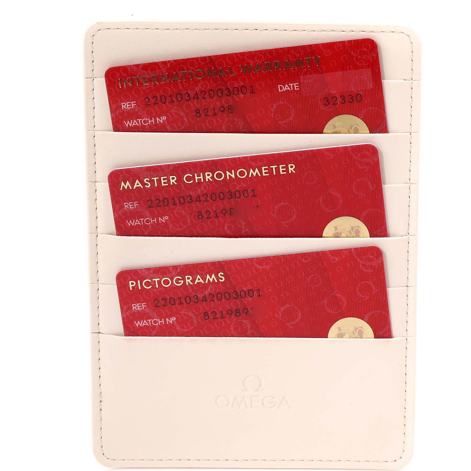 This image shows the warranty cards for the Omega 220.10.34.20.03.001 Women's Stainless Steel Blue Dial 220.10.34.20.03.001 Women's Stainless Steel Blue Dial Seamaster Aqua Terra Steel Ladies Watch 220.10.34.20.03.001.