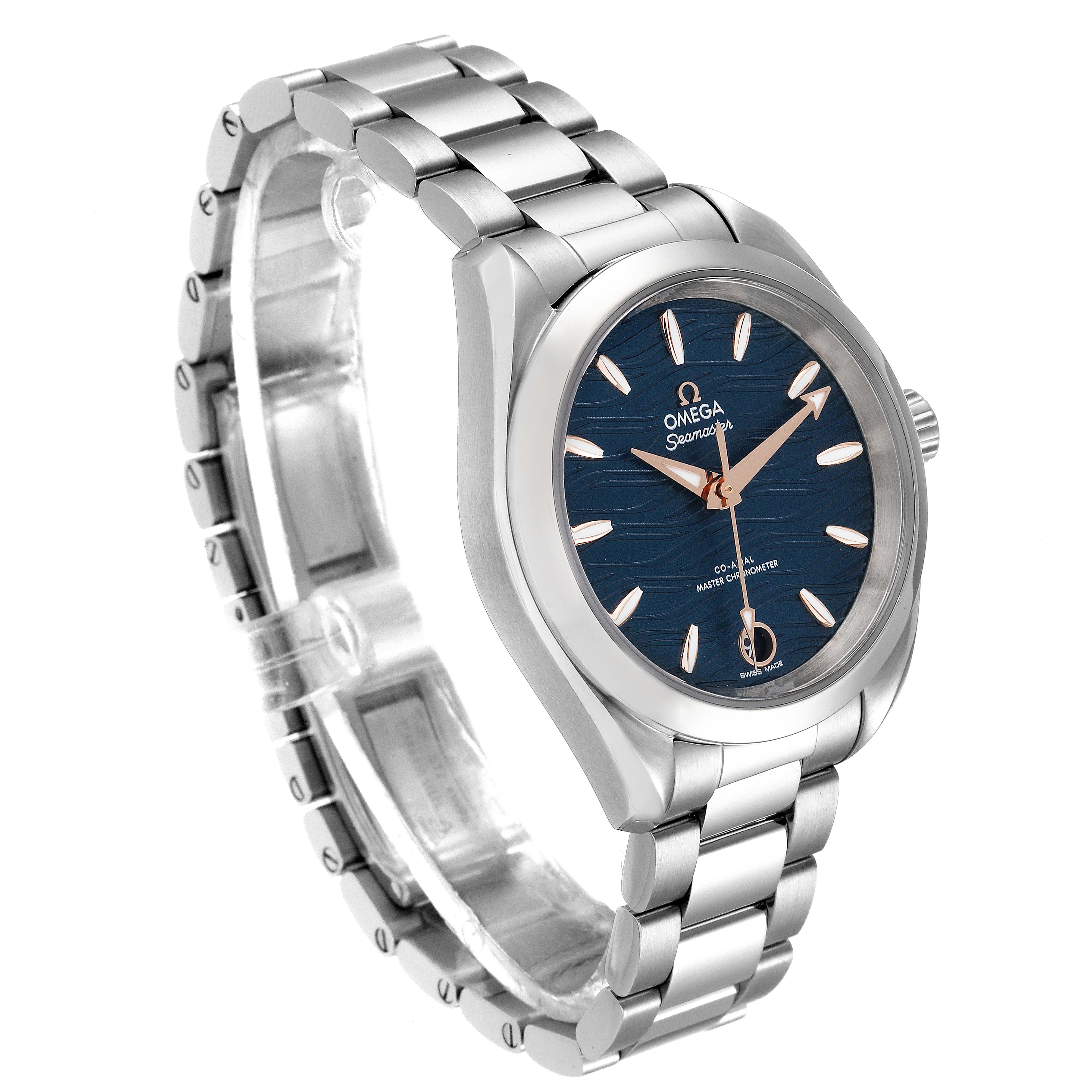 This Omega 220.10.34.20.03.001 Women's Stainless Steel Blue Dial 220.10.34.20.03.001 Women's Stainless Steel Blue Dial Seamaster Aqua Terra Steel Ladies Watch (Model 220.10.34.20.03.001) is shown at an angled front view, highlighting the watch face and bracelet.