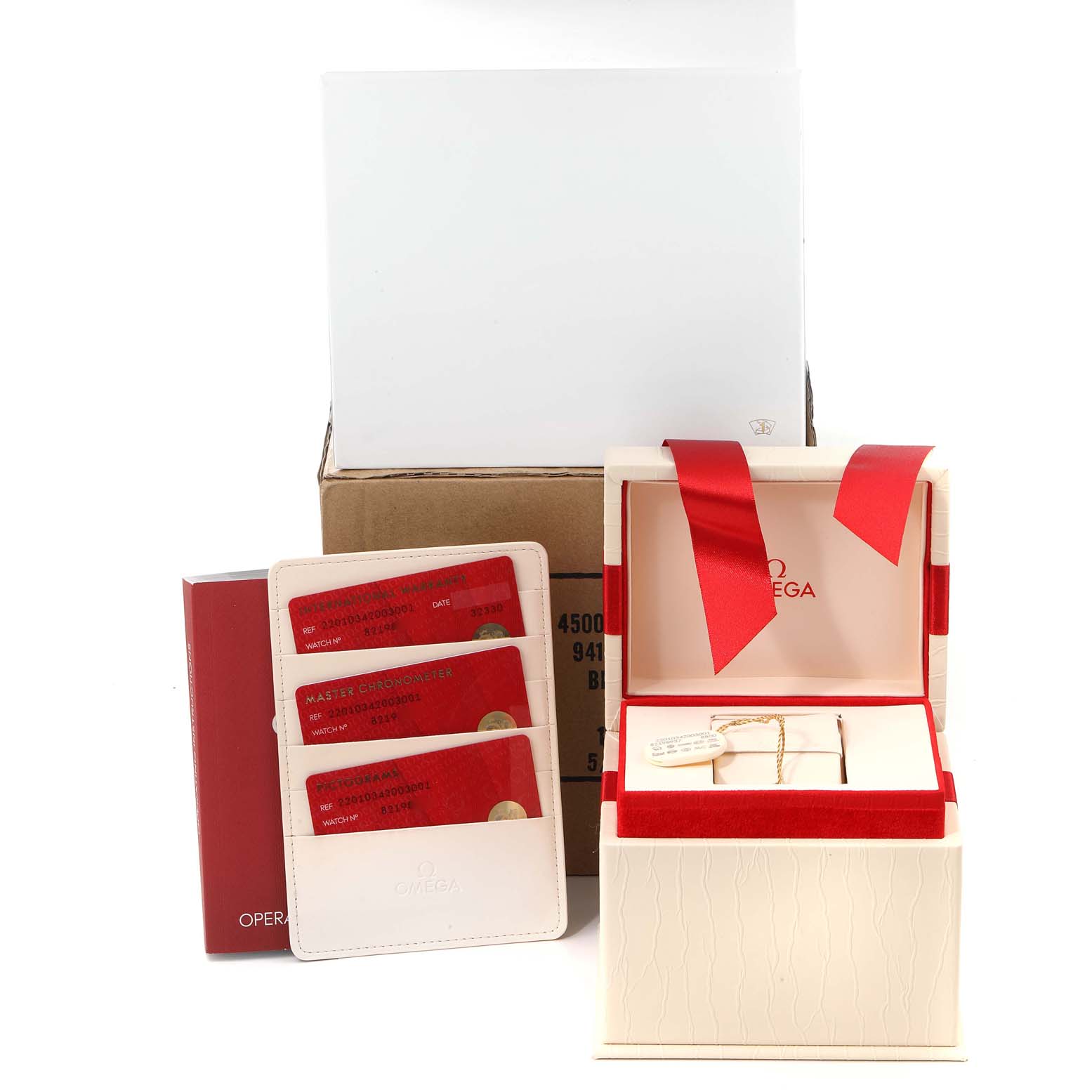 The image shows the packaging, documentation, and accessories for an Omega 220.10.34.20.03.001 Women's Stainless Steel Blue Dial 220.10.34.20.03.001 Women's Stainless Steel Blue Dial Seamaster Aqua Terra Steel Ladies Watch 220.10.34.20.03.001 Unworn model.