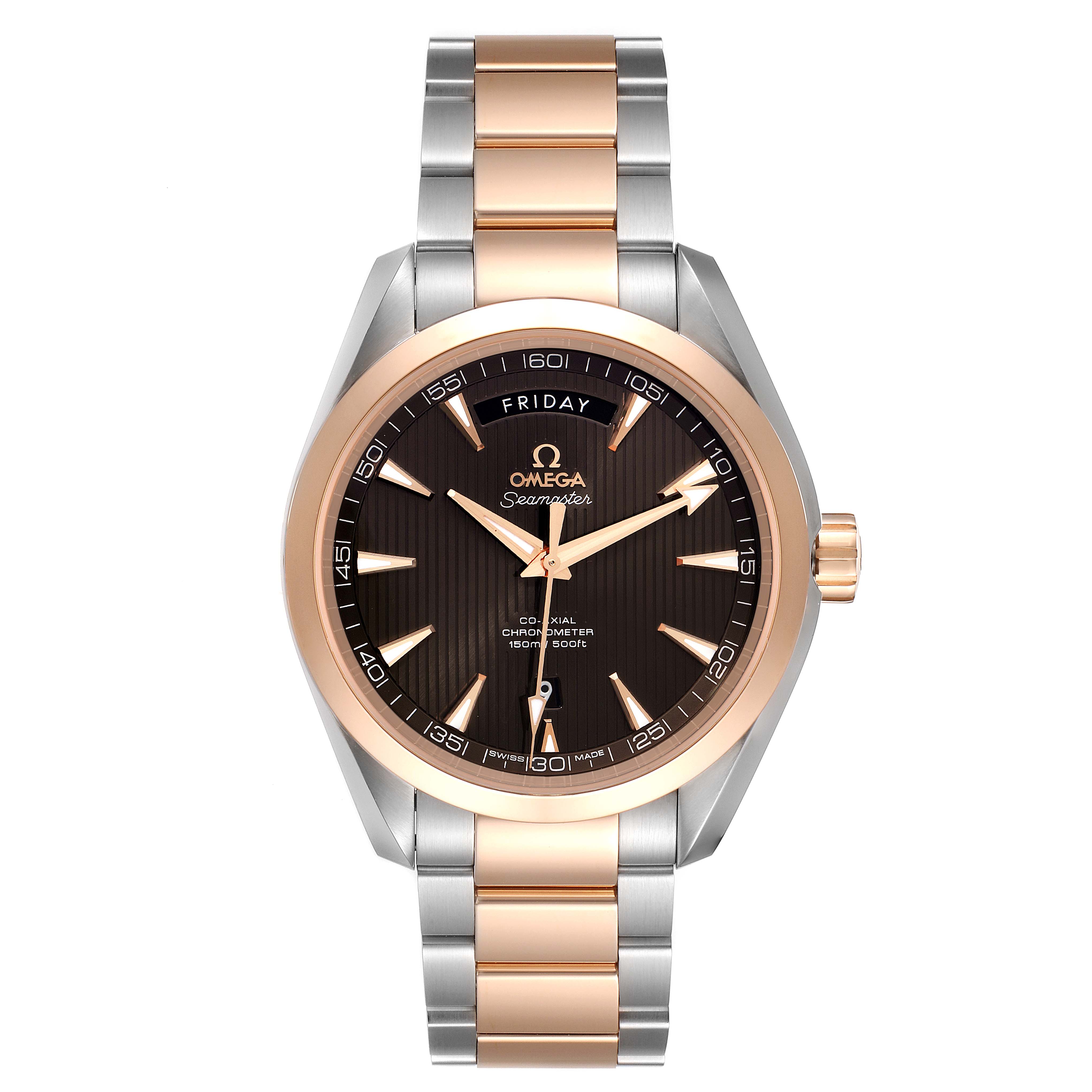 The Omega Aqua Terra 231.20.42.22.06.001 Men's Steel and Gold (two tone) Grey Dial 231.20.42.22.06.001 Men's Steel and Gold (two tone) Grey Dial watch is seen from the front, showcasing the dial, bezel, and stainless steel and rose gold bracelet.