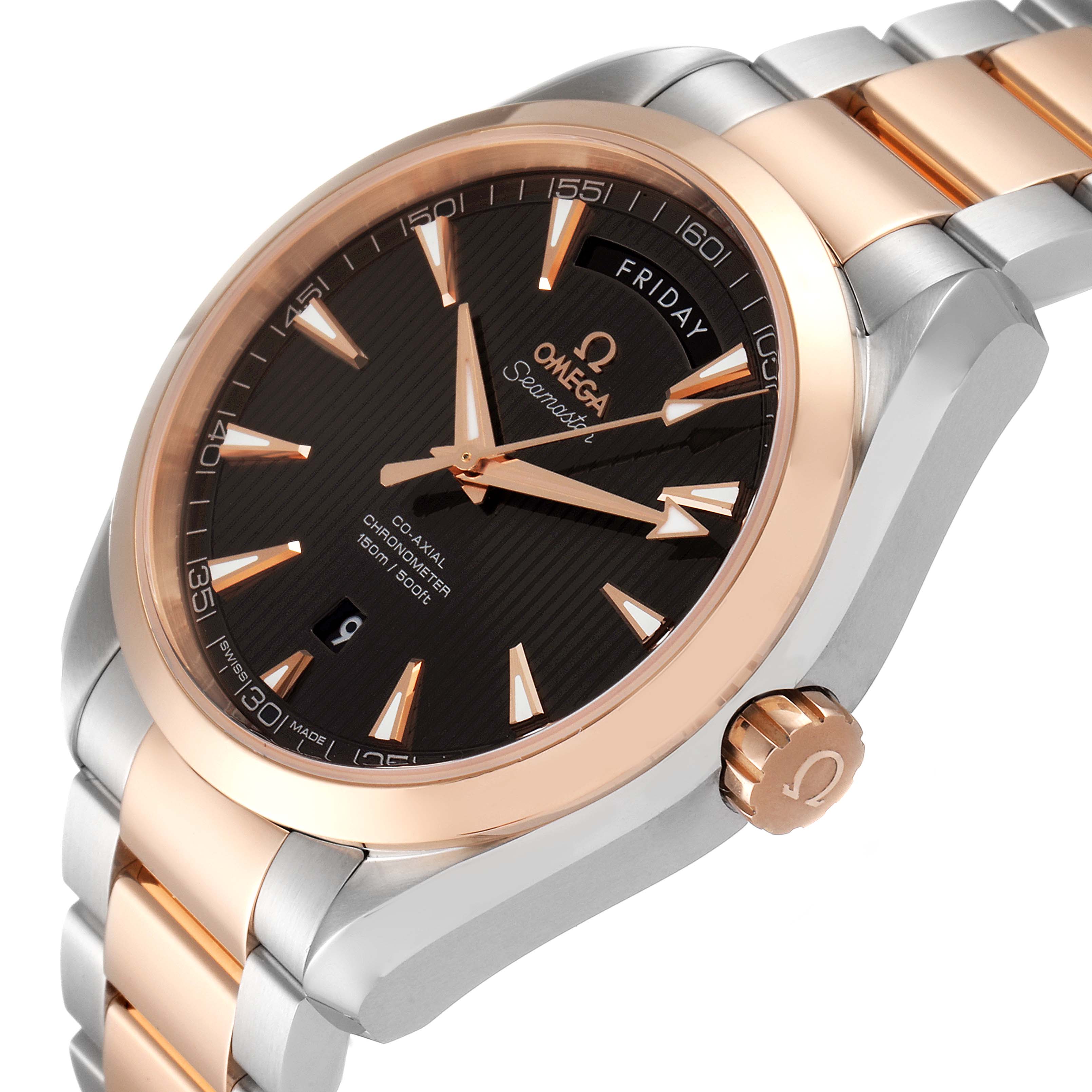 The image shows a side angle of the Omega Aqua Terra 231.20.42.22.06.001 Men's Steel and Gold (two tone) Grey Dial 231.20.42.22.06.001 Men's Steel and Gold (two tone) Grey Dial watch, highlighting its bezel, crown, bracelet, and dial.