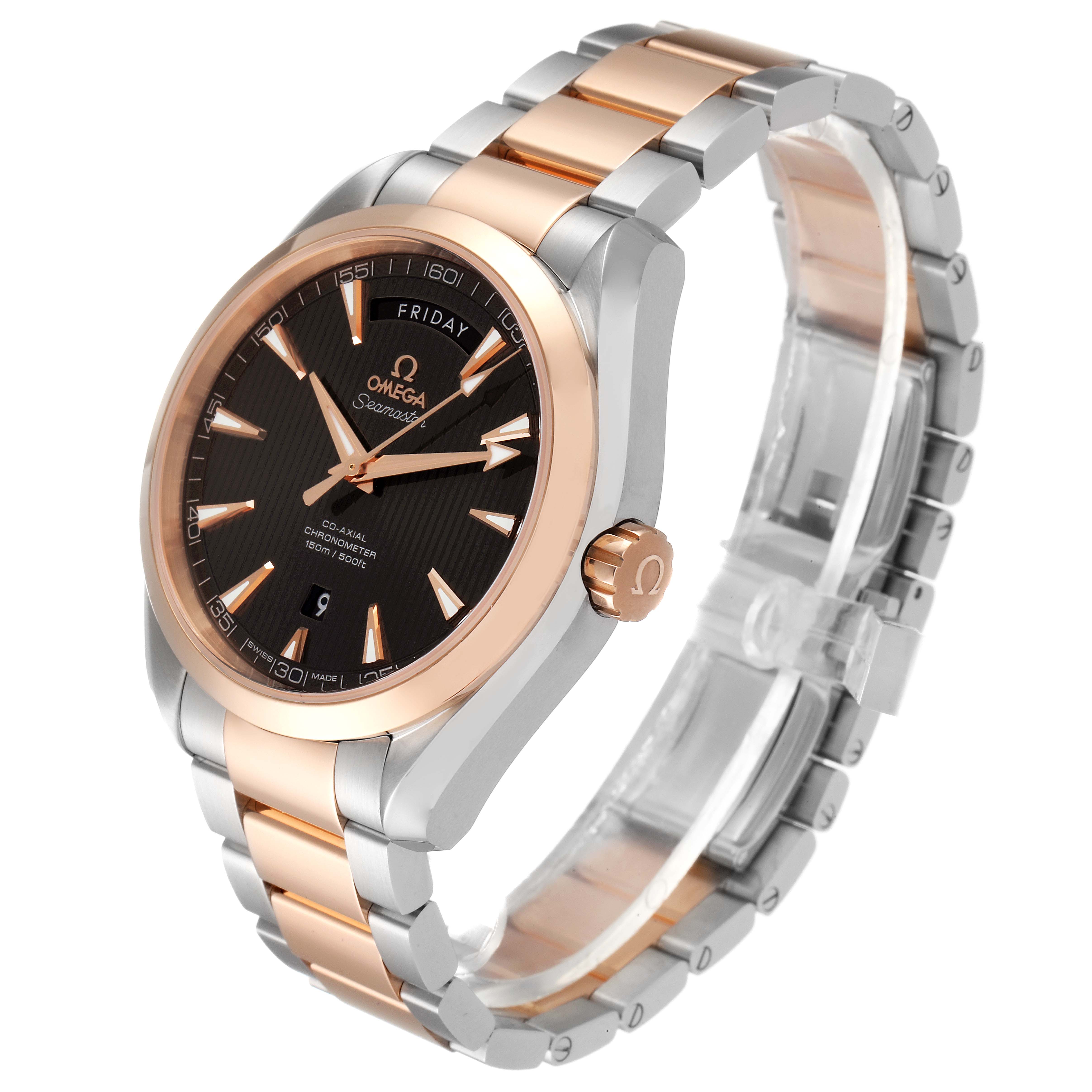 The image shows a side angle view of the Omega Aqua Terra 231.20.42.22.06.001 Men's Steel and Gold (two tone) Grey Dial 231.20.42.22.06.001 Men's Steel and Gold (two tone) Grey Dial watch, highlighting its face, bezel, crown, and two-tone bracelet.