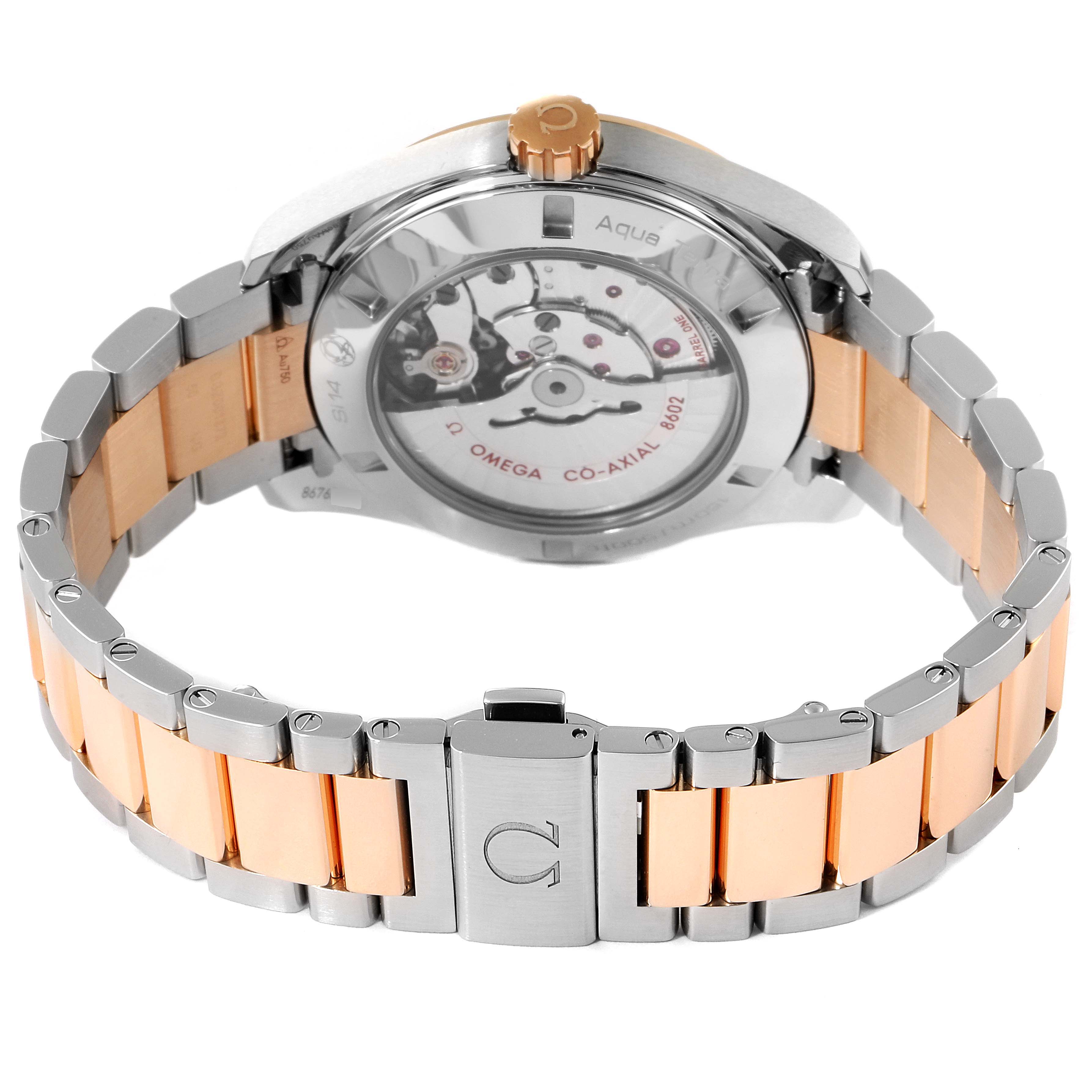 The image shows the back view of the Omega Aqua Terra 231.20.42.22.06.001 Men's Steel and Gold (two tone) Grey Dial 231.20.42.22.06.001 Men's Steel and Gold (two tone) Grey Dial watch, highlighting its bracelet and the movement mechanism.