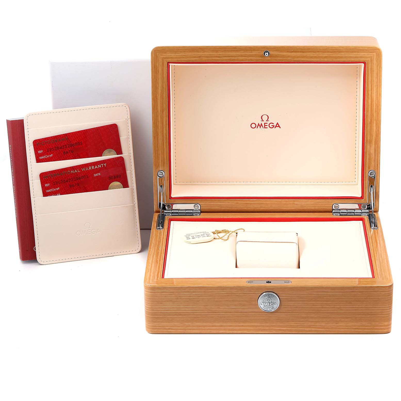 The image shows the packaging of the Omega Aqua Terra 231.20.42.22.06.001 Men's Steel and Gold (two tone) Grey Dial 231.20.42.22.06.001 Men's Steel and Gold (two tone) Grey Dial watch, including the open box and warranty cards.