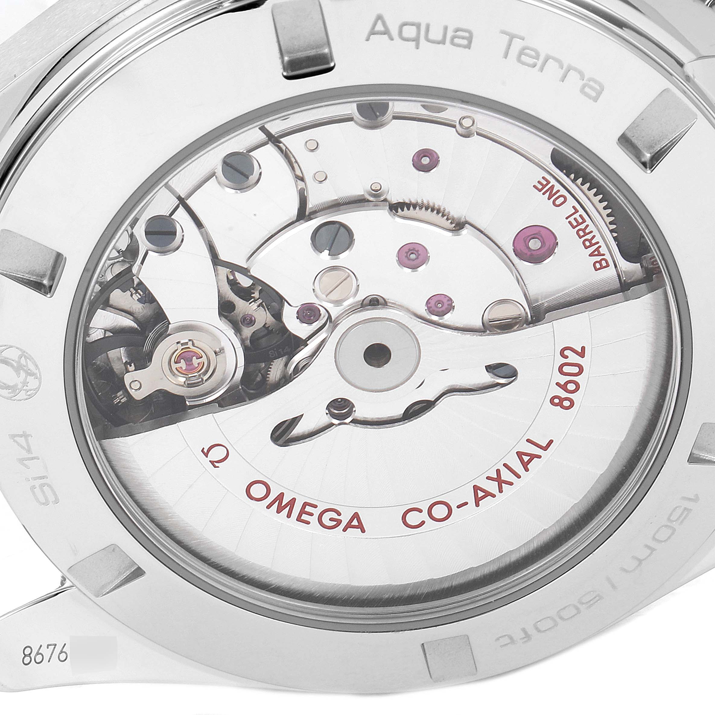 The image shows the back of an Omega Aqua Terra 231.20.42.22.06.001 Men's Steel and Gold (two tone) Grey Dial 231.20.42.22.06.001 Men's Steel and Gold (two tone) Grey Dial watch, highlighting the internal co-axial 8602 movement mechanism.